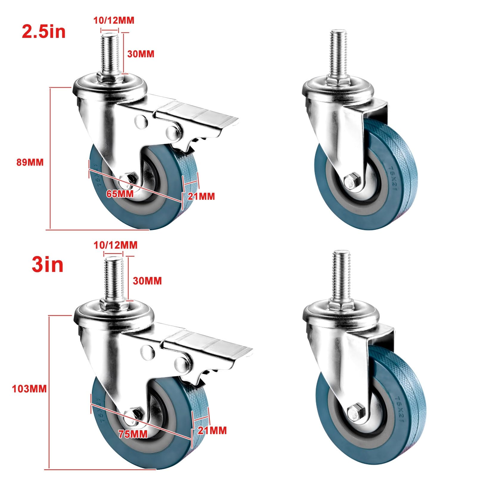 Schwerlast-Lenkrollen 65 75 mm, 4 geräuscharme Räder mit Bremse M10 M12, Tragkraft je 80 kg, verschleißfeste, feststellbare Rollen für Möbel und Werkbänke