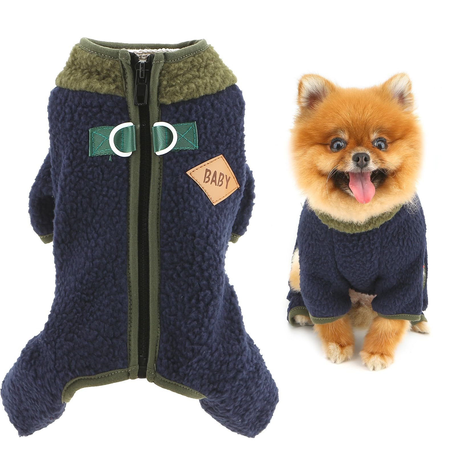 SMALLLEE_LUCKY_STORE Fuzzy Fleece Dog Pyjamas for Xsmall Small Dogs Warm Puppy Jumpsuit with Double D-Ring Turtleneck Zipper Back Cozy Winter Autumn Pjs Clothes for Chihuahua Yorkshire Navy Blue XS