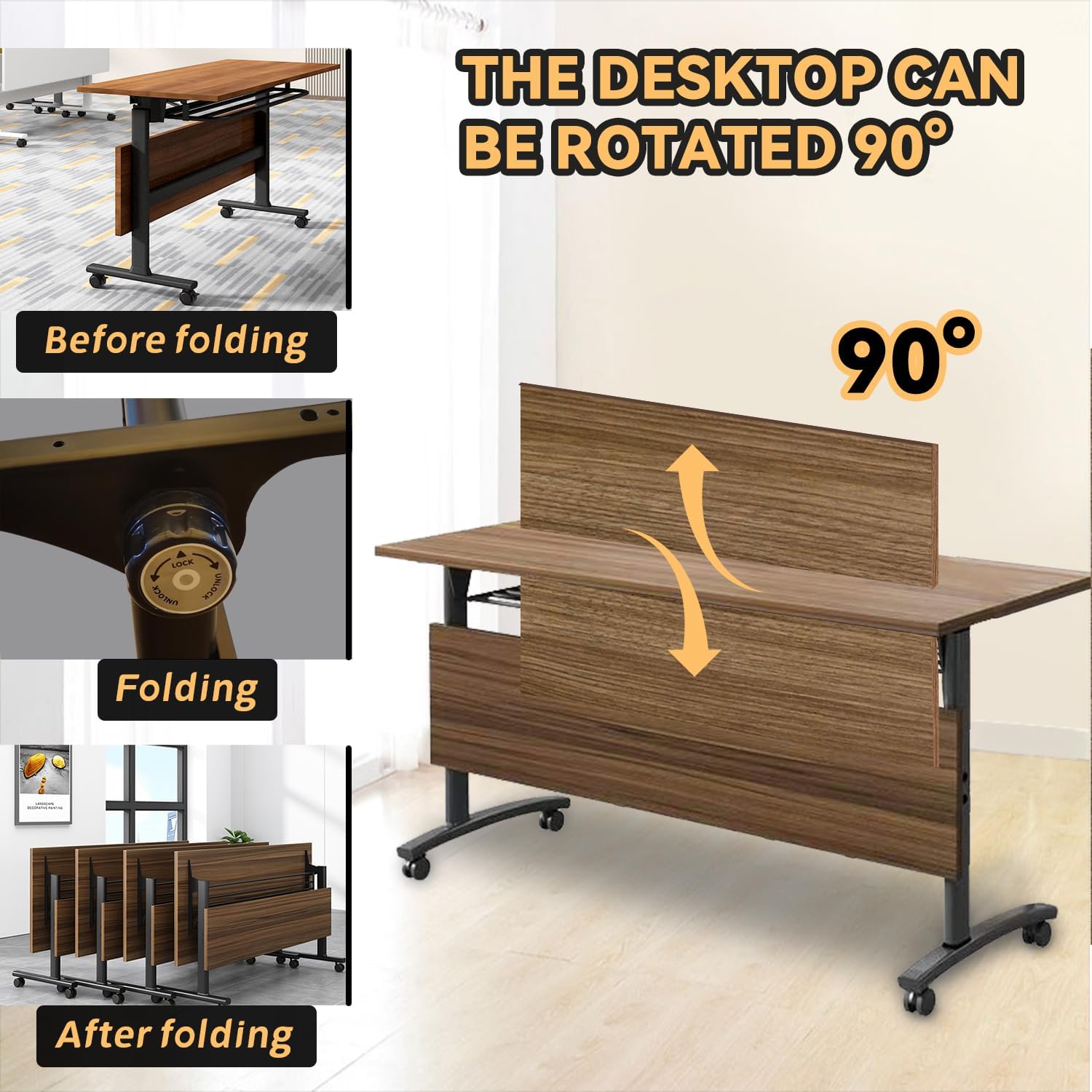 4Pack Mobile Conference Table,55.1"Meeting Seminar Table with Wheels,Large Rectangle Folding Conference Room Table for 10,Business Wooden Training Table with Strong Metal Frame for Office Conference