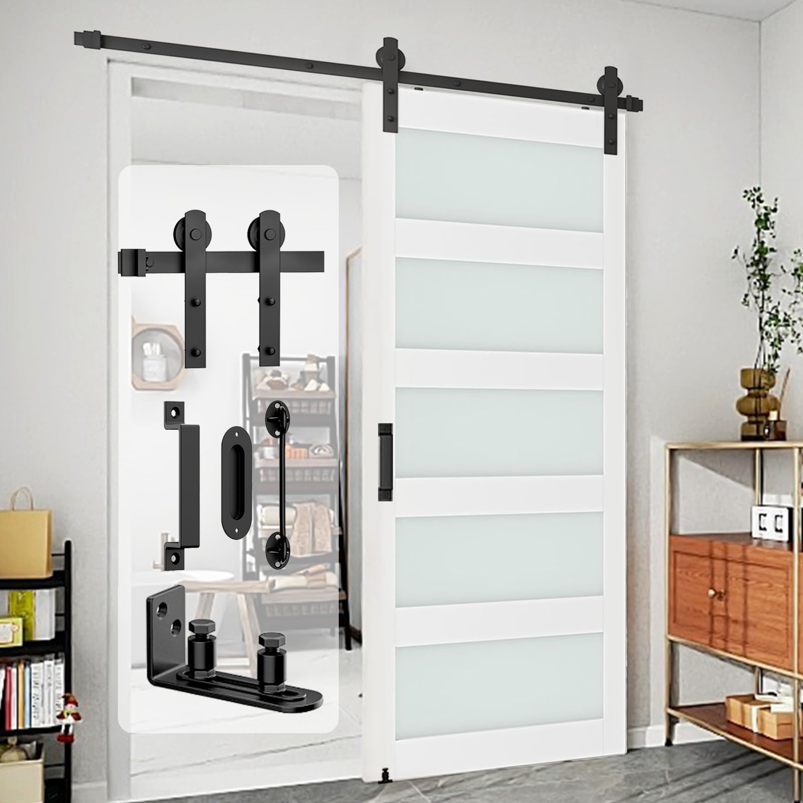 Arti-Life 8FT Sliding Barn Door Hardware Kit Heavy Duty with Adjustable Floor Guide, Door Hook and 2 Handles - Easy to Install -Smoothly and Quietly - Fit 1 3/8-1 3/4" Thickness(I Shape Hanger)