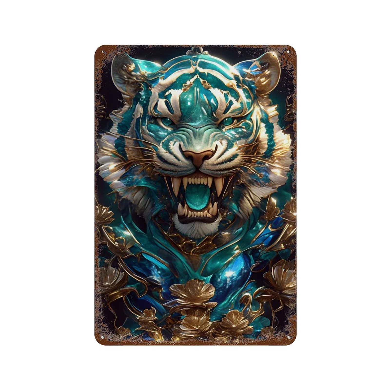 Ornate Teal And Gold Tiger Portrait Aged Metal Wall Plaque 11.8"x7.9", Classic Wall Plaque for Garage, Pub Or Kitchen