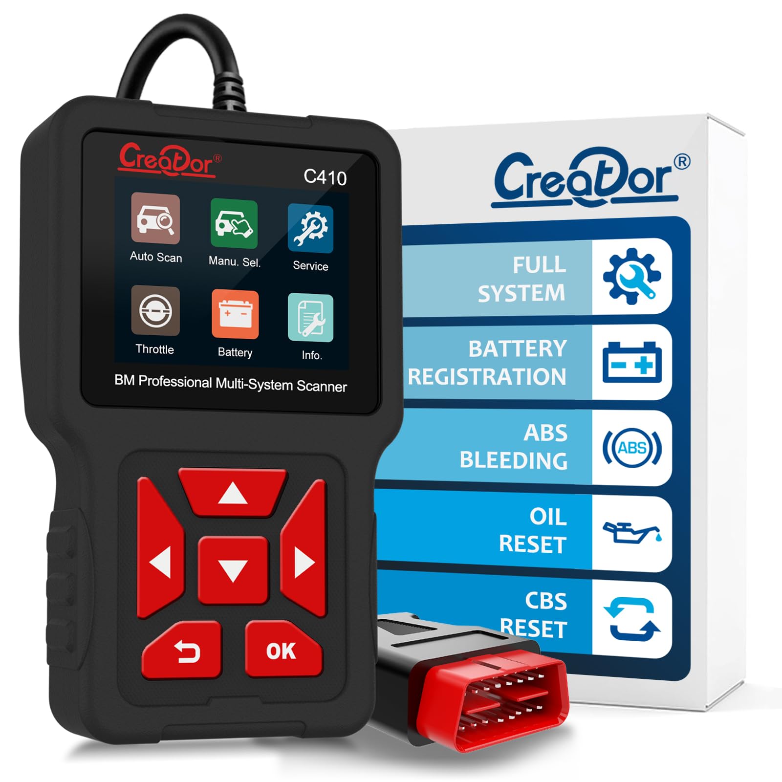 Creator C410 Lector de Códigos OBD2 para BMW y Mini Escáner de Diagnóstico Multi-Sistema (ABS, SRS, EPB, DPF) Reset de Aceite y Registro de Batería Herramienta de Diagnóstico OBDII Completa