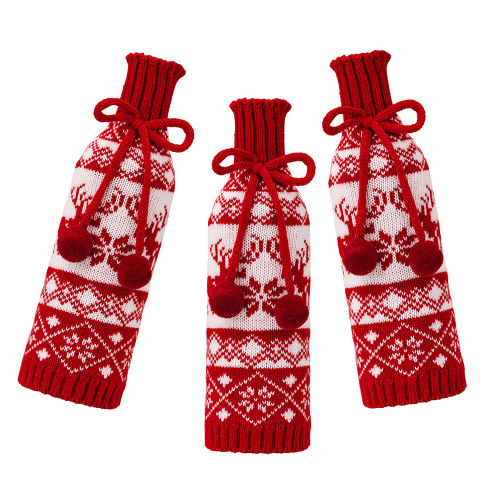 Buxuaaaa Elk Model Christmas Themed Snowflake Knits Wine Bottle Covers Wine Bottle Protectors For Table Top Christmas Decorations Holiday Decorations