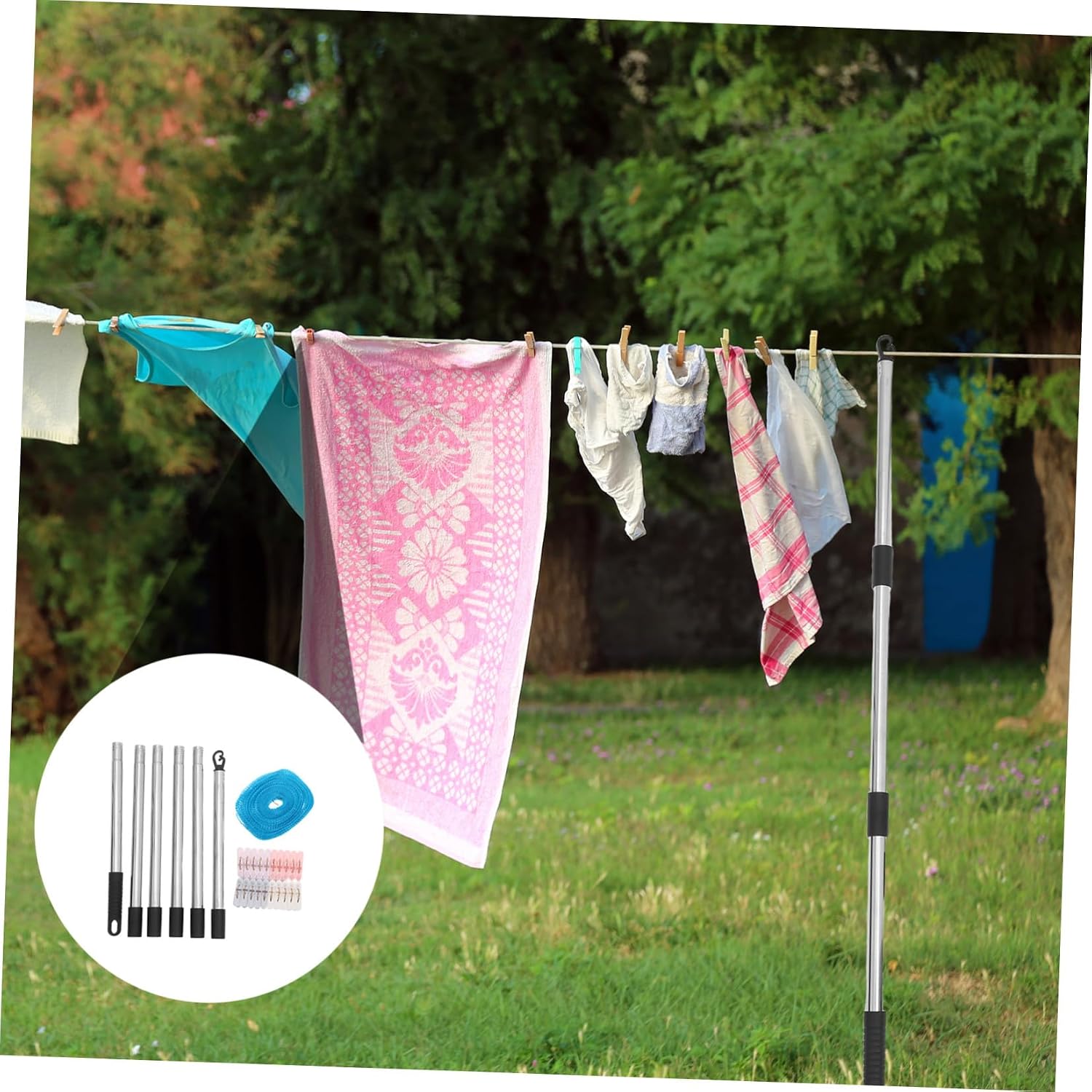 Toyvian Outdoor Portable Clothesline Set with Quick Assembly and Non-Slip Features, Includes 2.2m Detachable Steel and Nylon Support Pole, Drying Clips, and High-Strength Pins for Camping