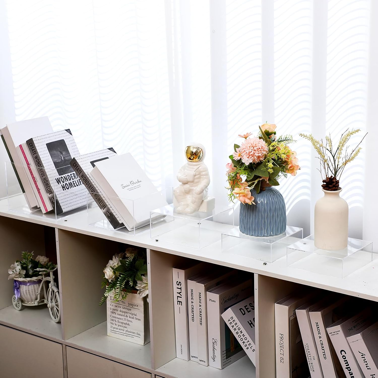 8 Pcs Acrylic cube Riser with 8 Signs Clear Buffet Riser Acrylic Cake Dessert Stand 6/6.5/ 7/ 8inch for Food Display Dessert Table Nesting Acrylic Stand with Hollow Bottom for Wedding Party