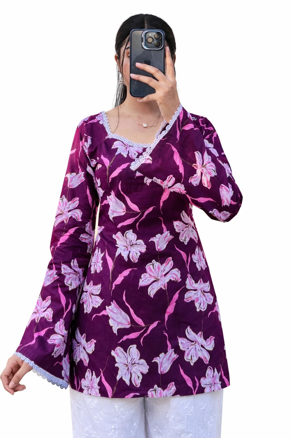 Women,s Rayon Floral Printed Tunic Top Full Sleeve with Lace Detailing-image-49
