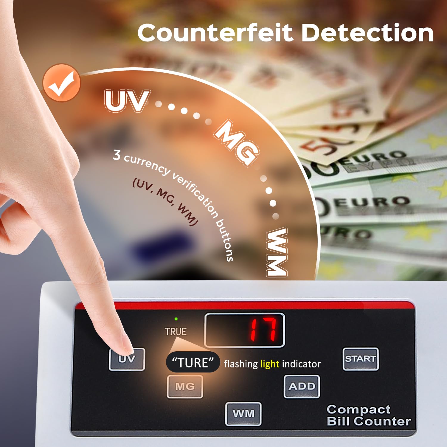 Bonvoisin Compteuse de Billets Portable, Machine à Compter les Billets avec Détection des Contrefaçons MG/UV/WM, Compteur de Billets 600 Pièces/Minute (Prend en Charge Uniquement le Comptage)