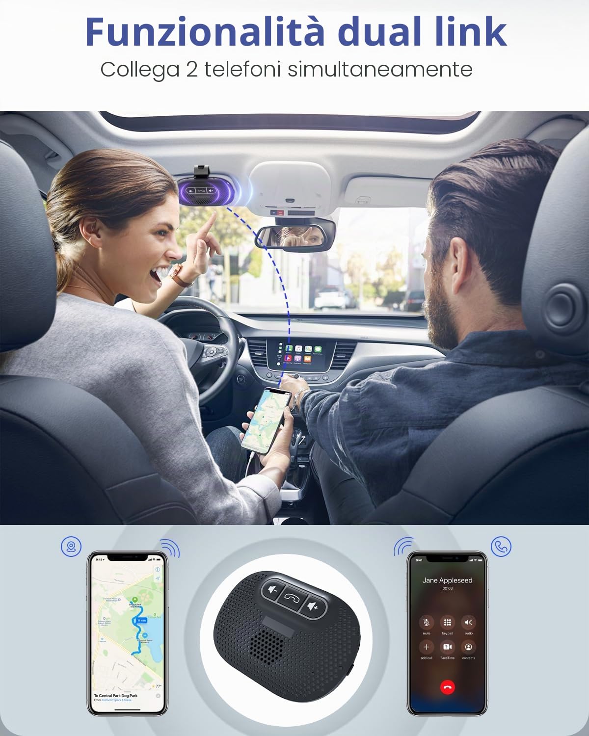 ANSTEN Vivavoce Bluetooth per Auto Microfono Integrato Vivavoce Auto Bluetooth 5.0 per GPS, musica, chiamate, controllo del volume, iOS Siri e Vocale Assistant