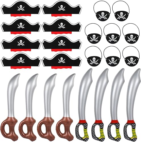 LIYDE Juego de 24 piezas de recuerdos de fiesta pirata, sombreros piratas inflables, espadas piratas de Halloween, suministros de fiesta de pirata,