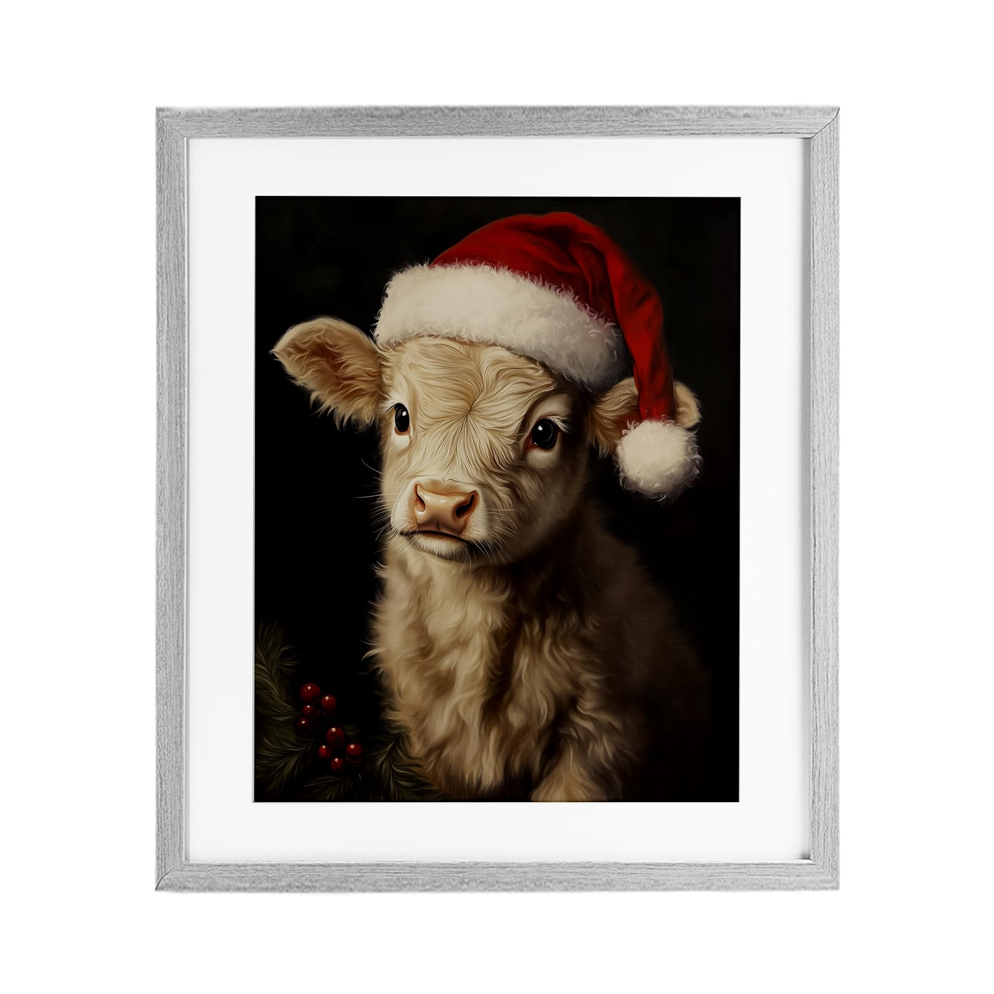 Stupell Industries 'Christmas Hat Highland Cow', Framed Print Under Glass, Gray, 13 x 16