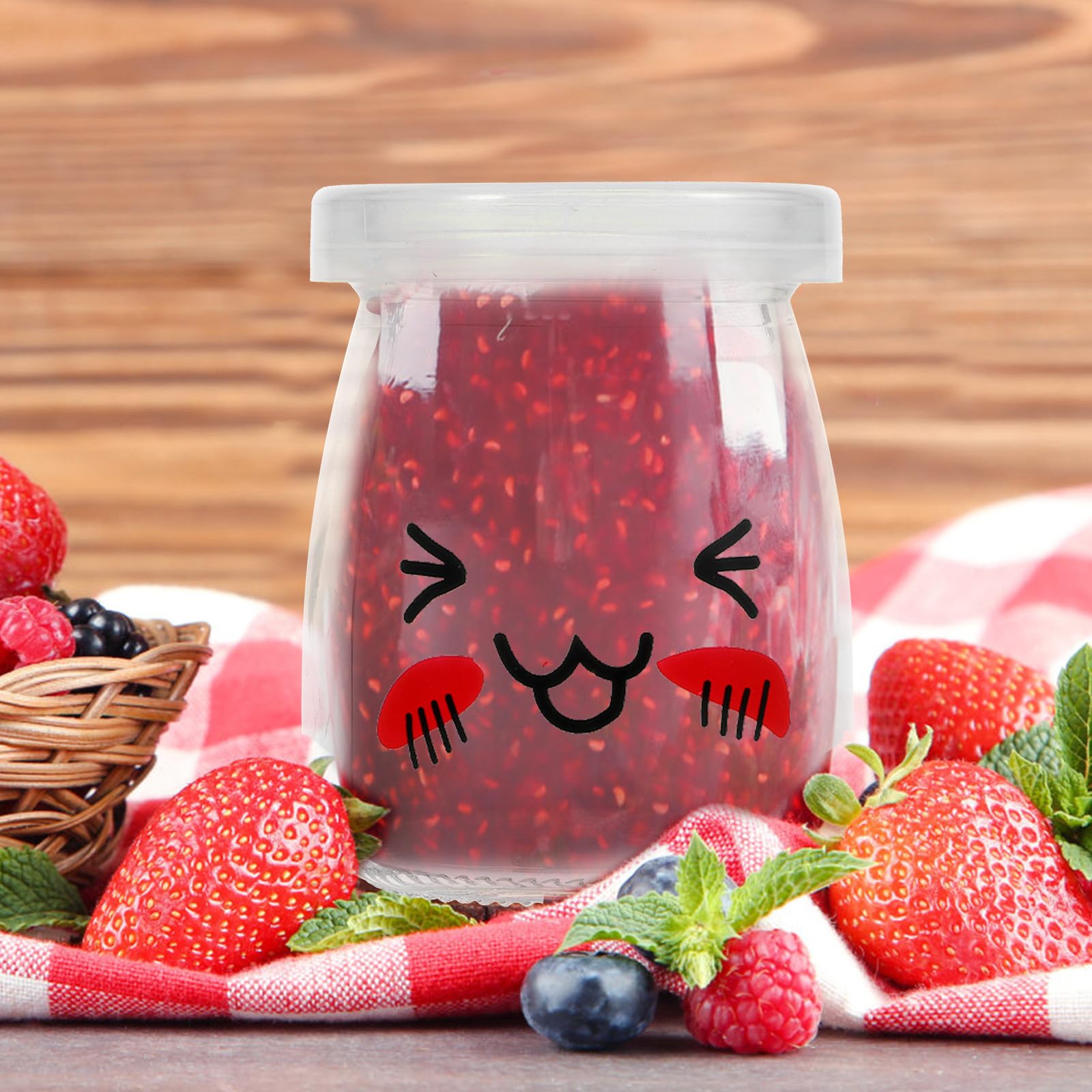 6 Stück Puddingflaschen mit Breitem Hals und Lächelndem Design Lebensmittelecht mit Deckel Vielseitig für Joghurt Marmelade Gelee Bpa Frei Spülmaschinenfest zur Aufbewahrung und