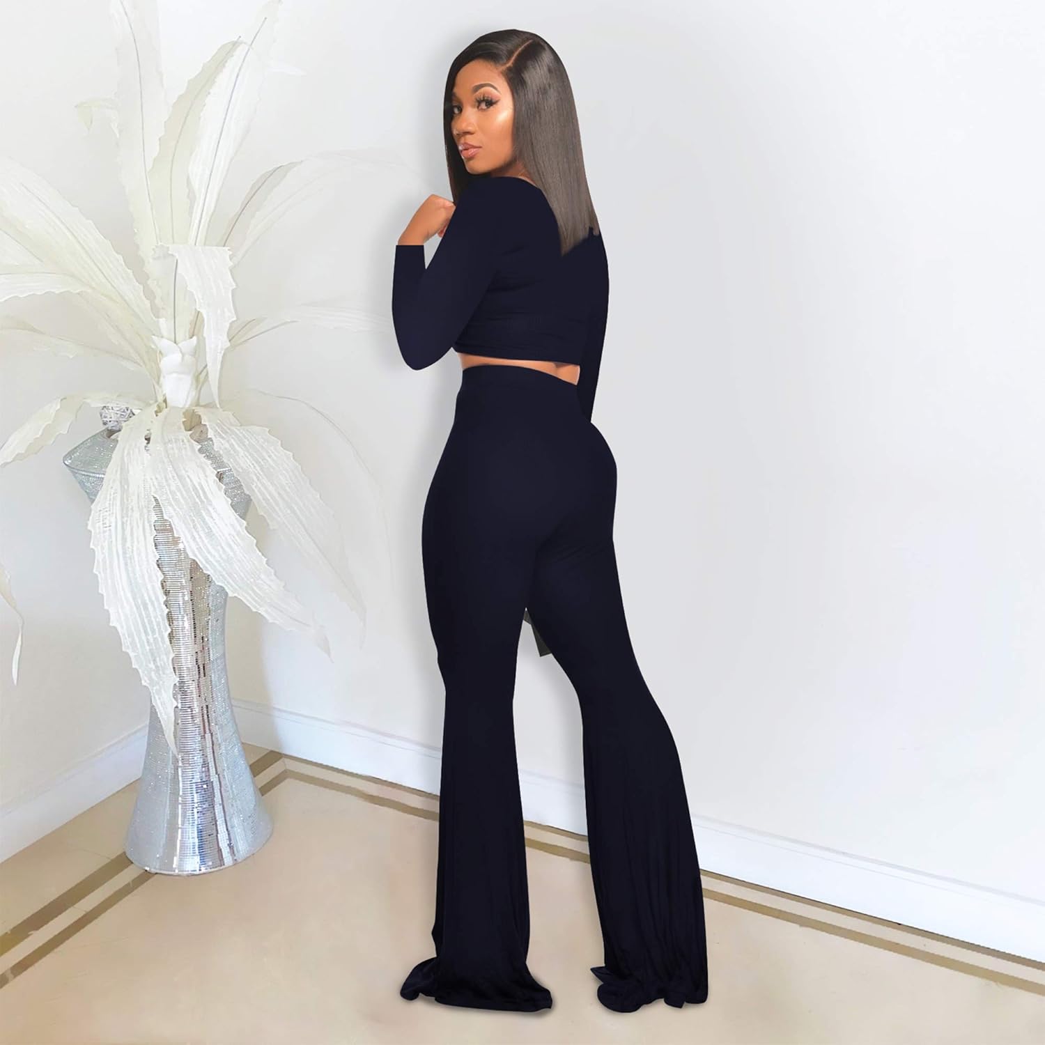 Two Piece Outfits for Women Sexy Crop Top + Flared Long Pants Sweat Suits Ribbed Fitted Tracksuits Yoga Set - Image 2