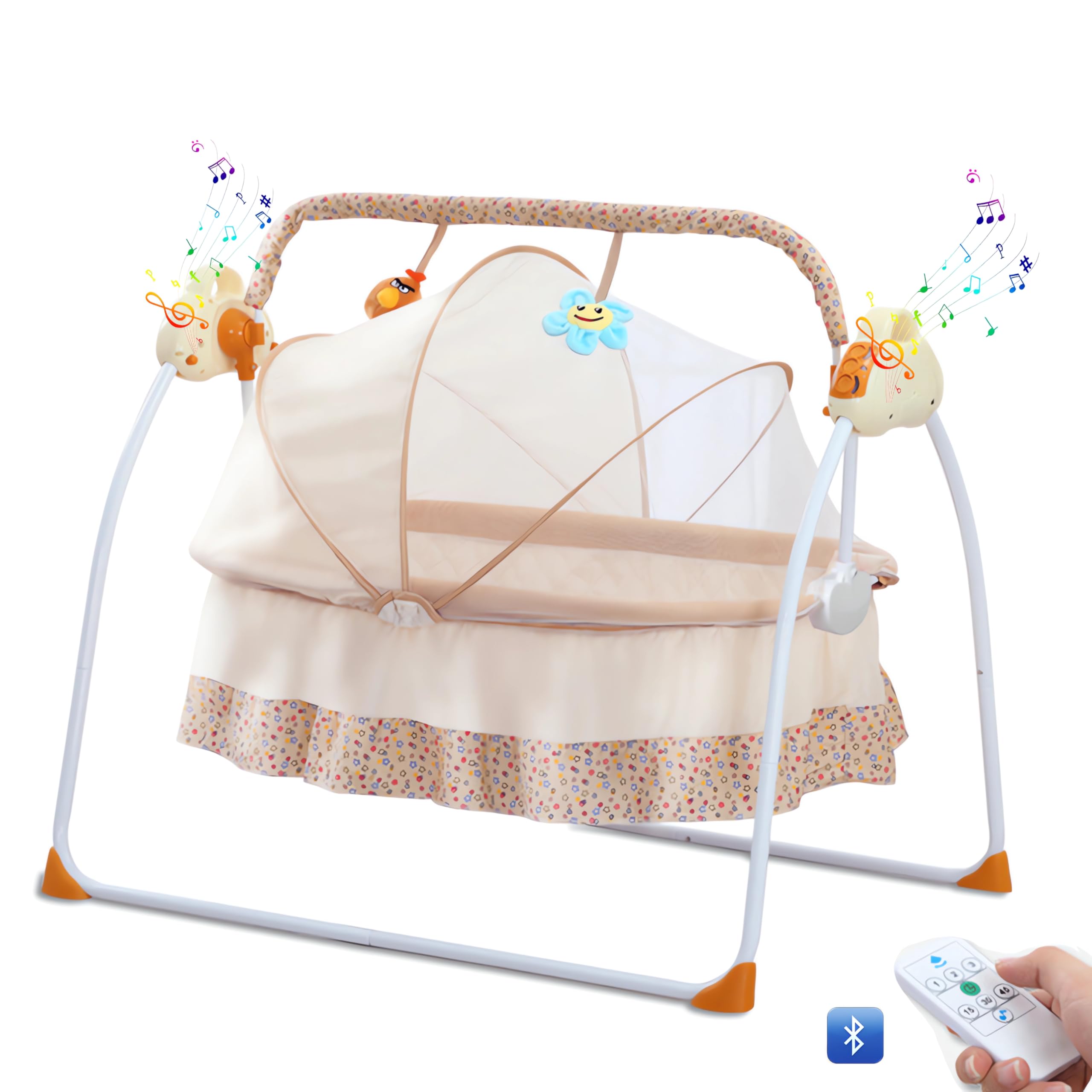​​OYDAS Baby Cradle Swing,portable folding Baby Baby Swing,Automatic Swing Electric Crib Cradle,Music Crib Crib+Bluetooth, Suitable for Newborns 0-24 Months with 5 Swing speeds (Khaki)