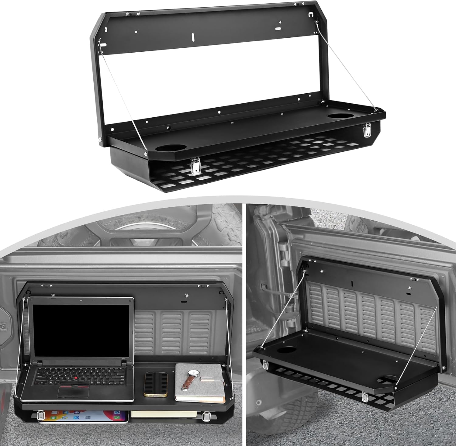 CheroCar Tailgate Table Fit for Wrangler 2007-2018 JK JKU 2018-2024 JL JLU, Rear Foldable Storage Cargo Rack, Storage Shelf Molle Panel Storage Cargo Luggage Holder Carrier