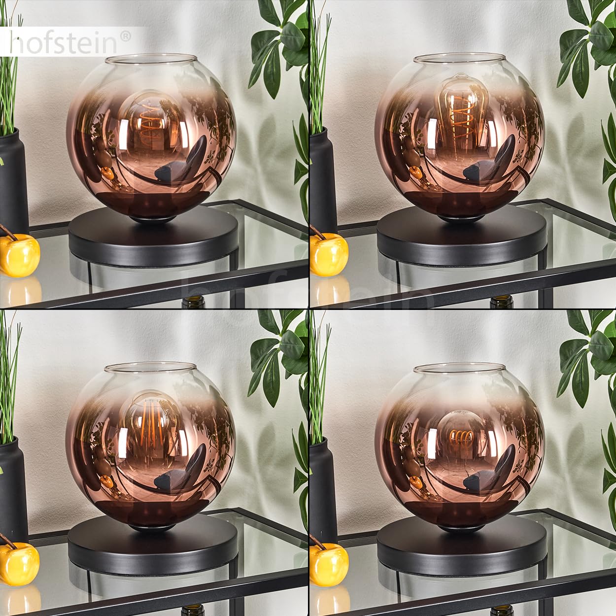 Tischleuchte Apedo, Tischlampe aus Metall/Glas in Schwarz/Kupferfarben/Klar, Leuchte im modernen Retro/Vintage-Design mit Schirm aus Glas (Ø 20cm) u. An/-Auschalter am Kabel, 1x E27, ohne Leuchtmittel