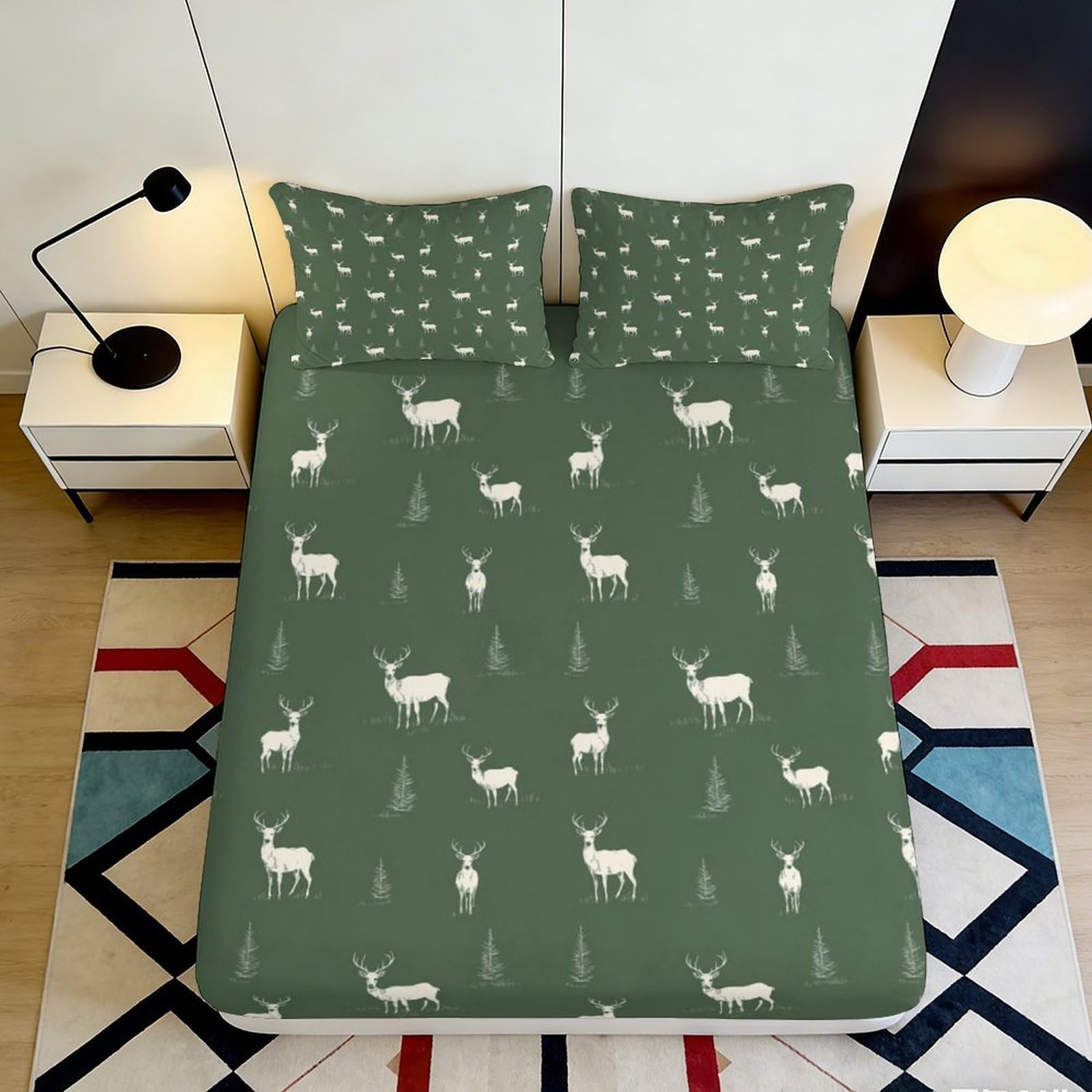 3D Printed Forest Deer Fitted Sheet Microfiber Soft Green Woodland Mattress Cover for Bedroom Guestroom Decor 90x200x25cm