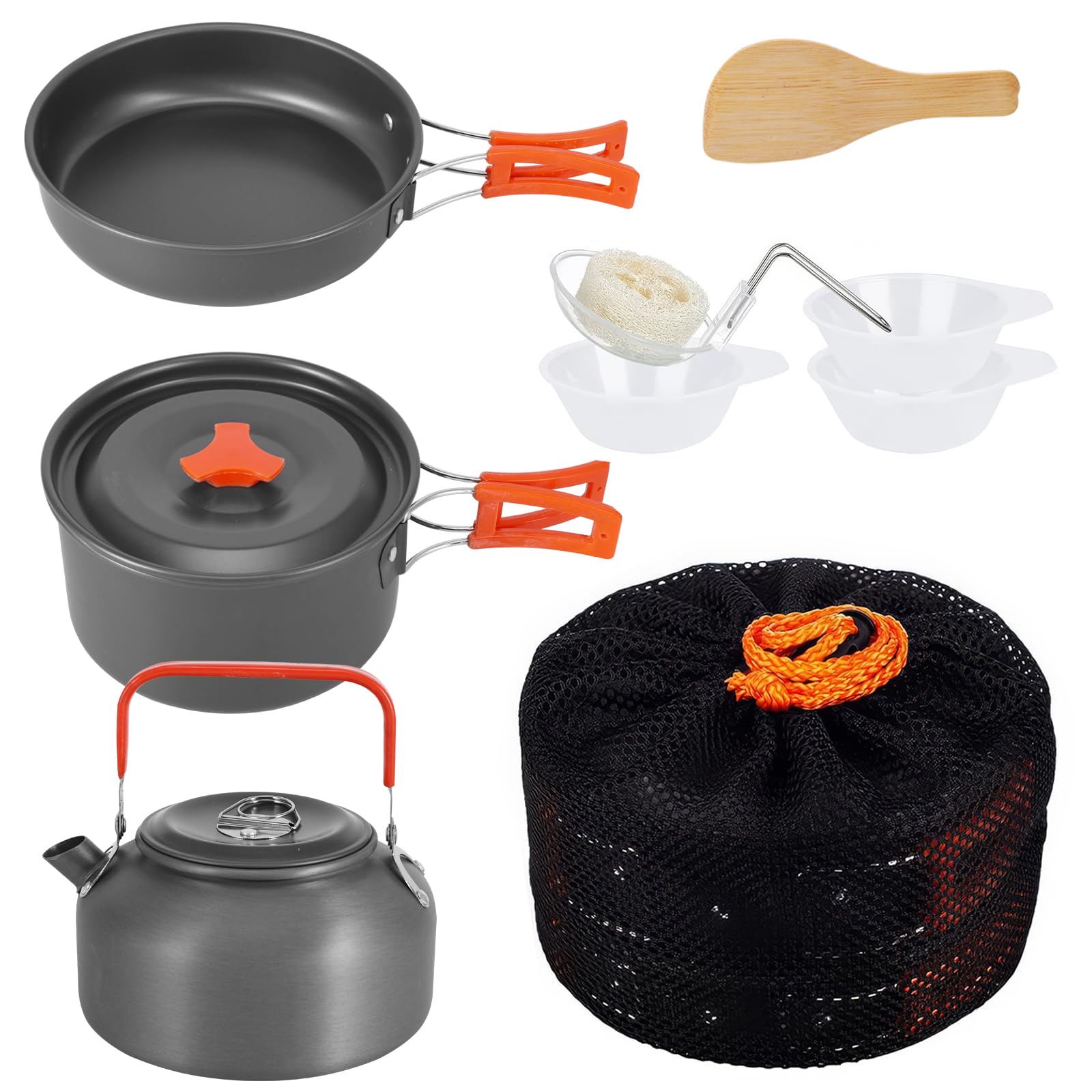 ALLOMN Set da cucina da campeggio, kit di pentole da campeggio portatile con teiera per escursioni, picnic, trekking, picnic, pesca, alpinismo, 1-2 persone