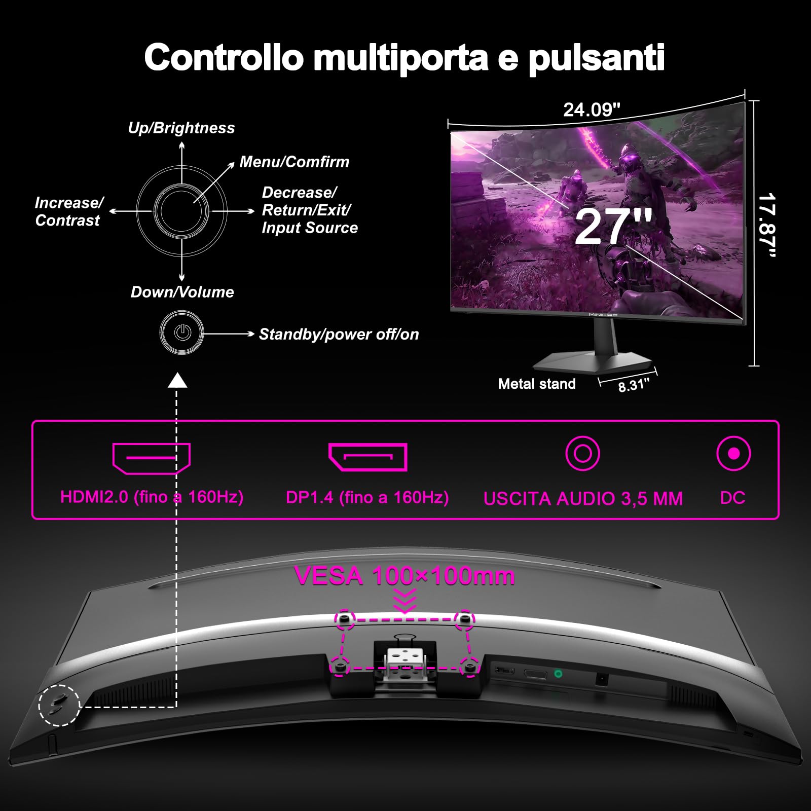 Minifire da 27 pollici Monitor curvo da gioco, 160 Hz, 1 ms, 110% sRGB, pannello 1920 x 1080 VA (MFG27C1L con cavo HDMI)