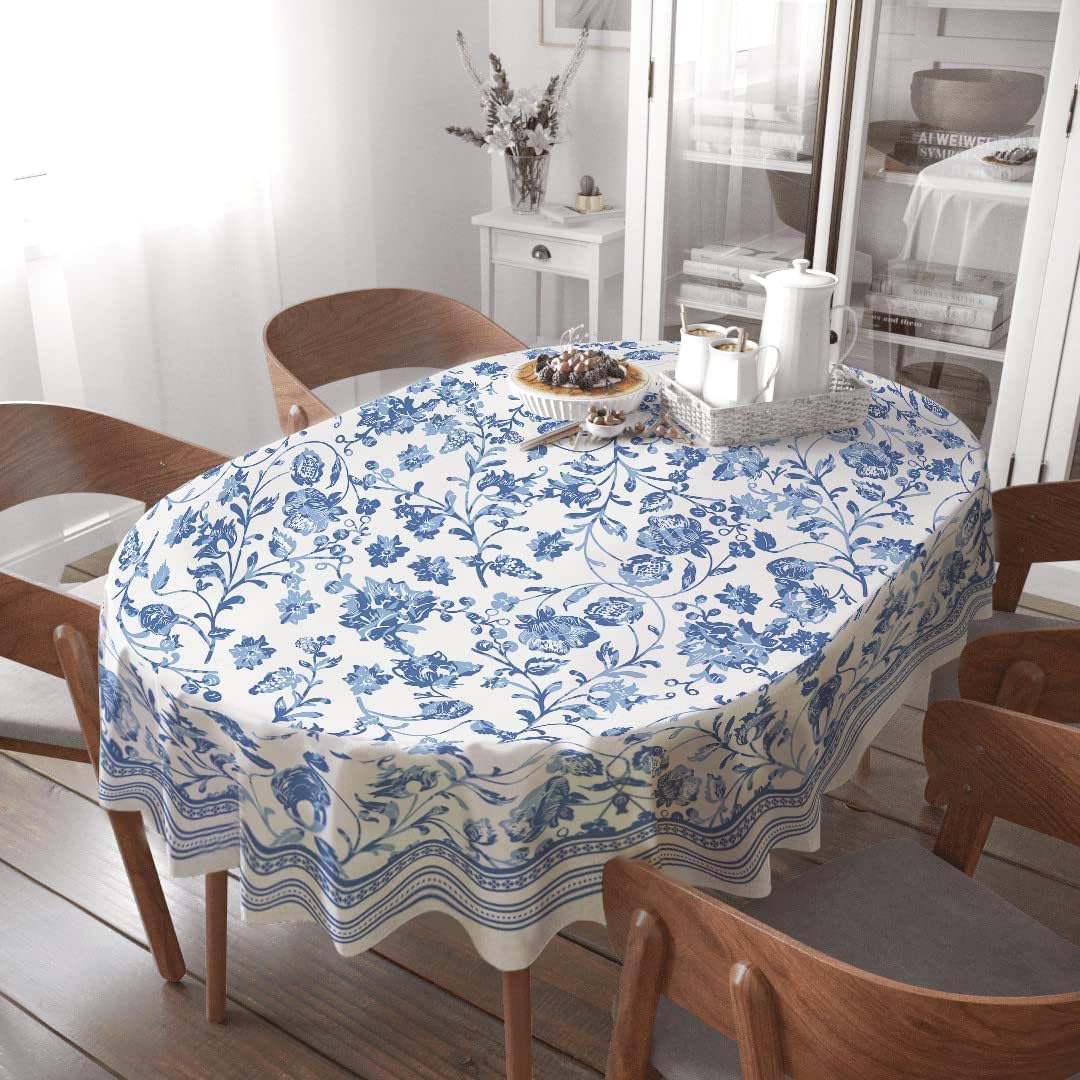 Oval Tablecloth - 60 x 84 Inch Blue Floral Rustic Tablecloth Classic French Country Printed Table Cover for Farmhouse Decoration, Suitable for Home, Kitchen, Indoor and Outdoor Dining Table