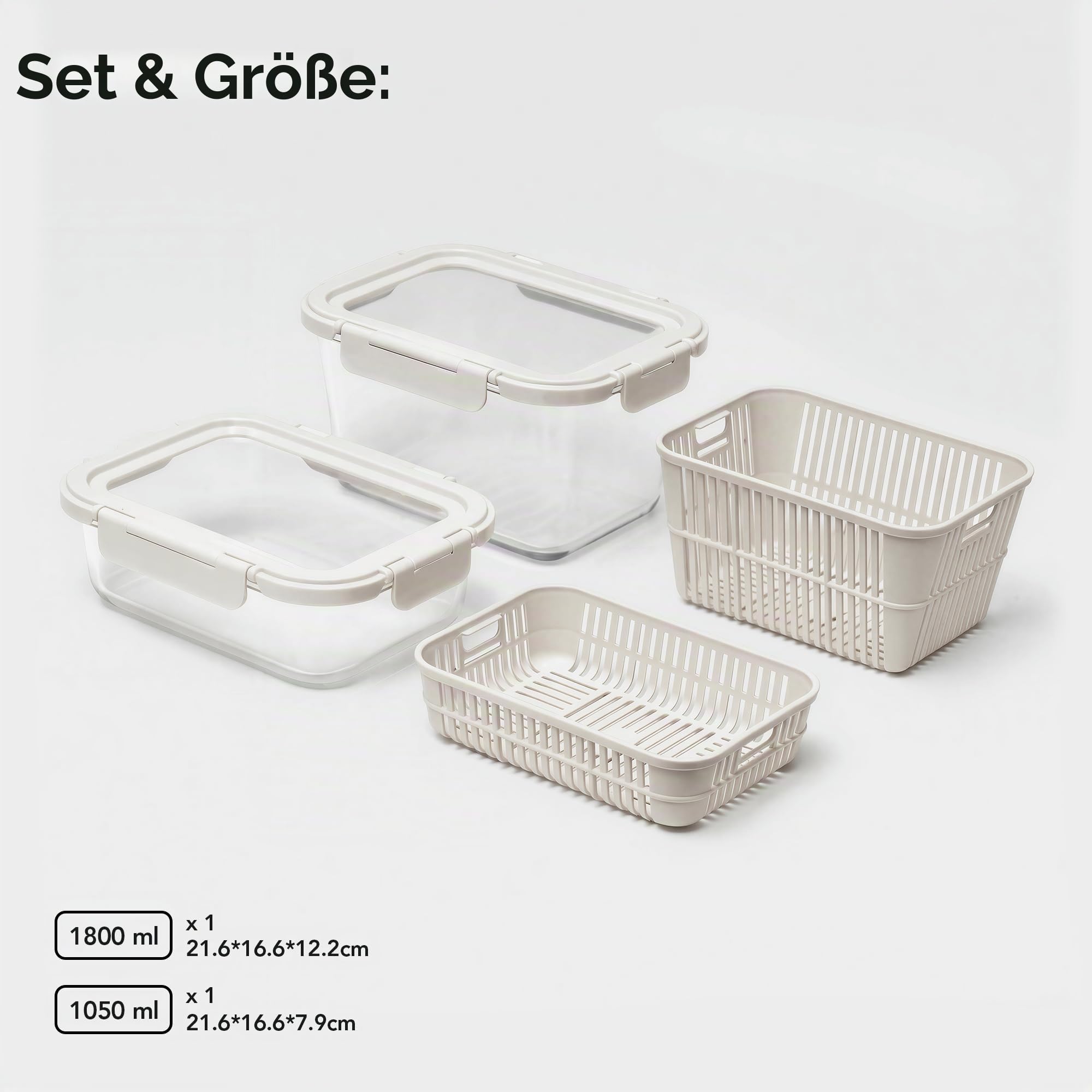 Frischhaltedosen Glas mit Abtropfsieb,Kühlschrank-Organizer Glas,luftdichte Aufbewahrungsbox für Gemüse und Obst, Obst Gemüse Aufbewahrung,1050 ml und 1800 ml,Siebeinsatz und BPA-freien Silikondeckeln