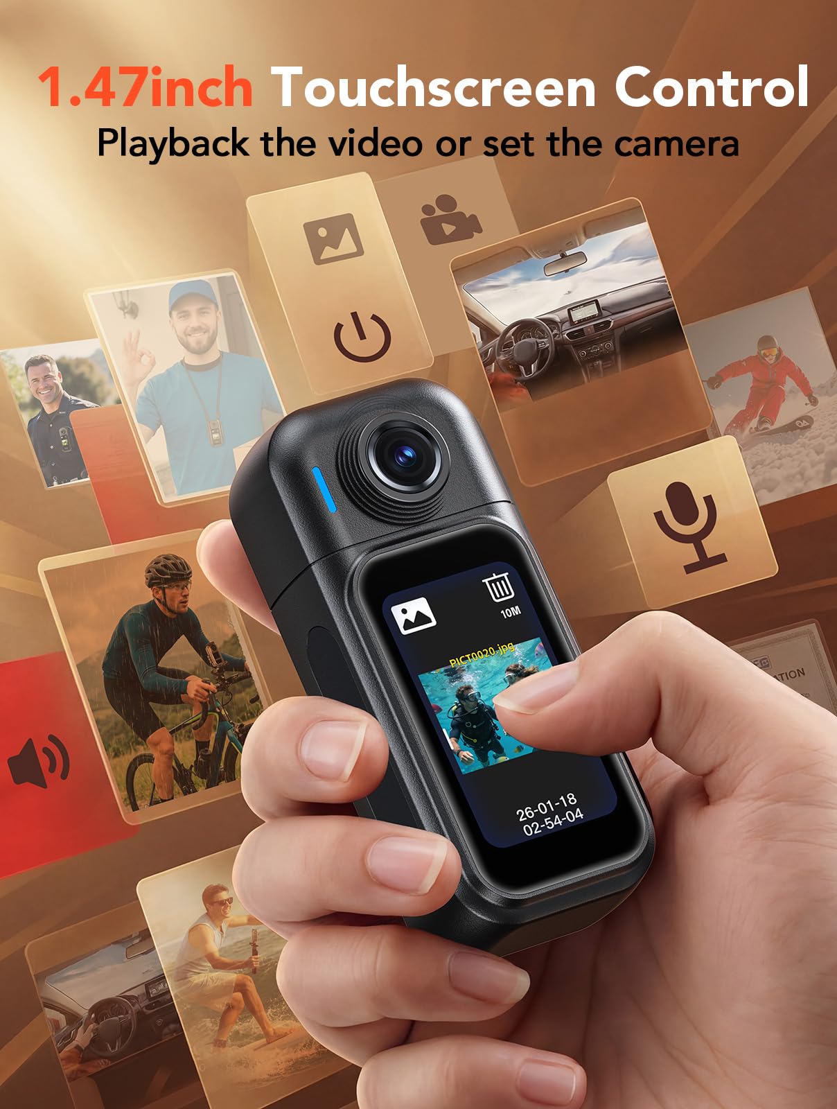 BOBLOV Mini fotocamera impermeabile da 64 GB indossabile con touch screen, 7 ore di registrazione con dock di ricarica, clip magnetiche, custodia impermeabile fino a 10 m, per vlogging, uso quotidiano