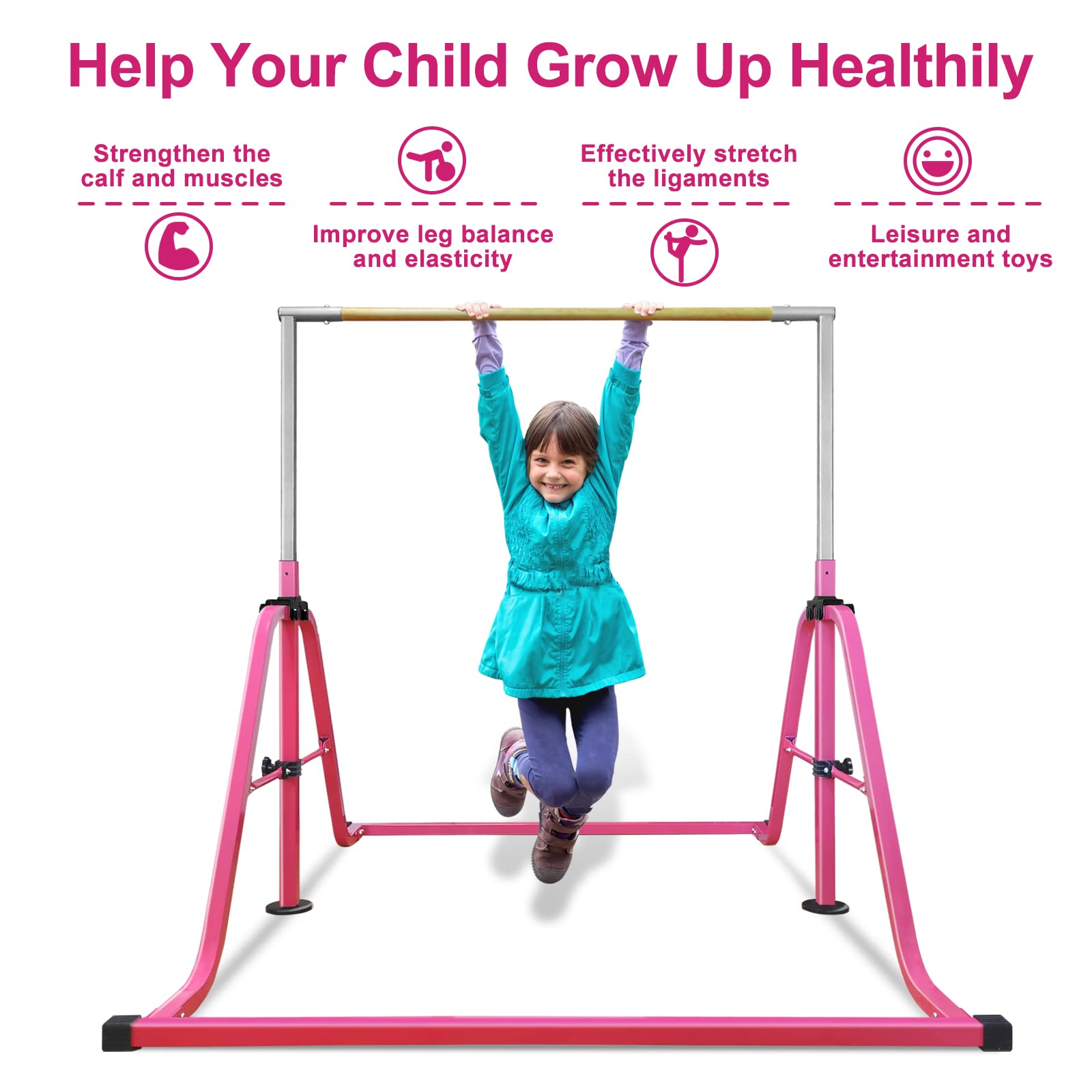 Gymnastics Bar for Kids with Swing Set, 8/9 Heights Adjustable Folding