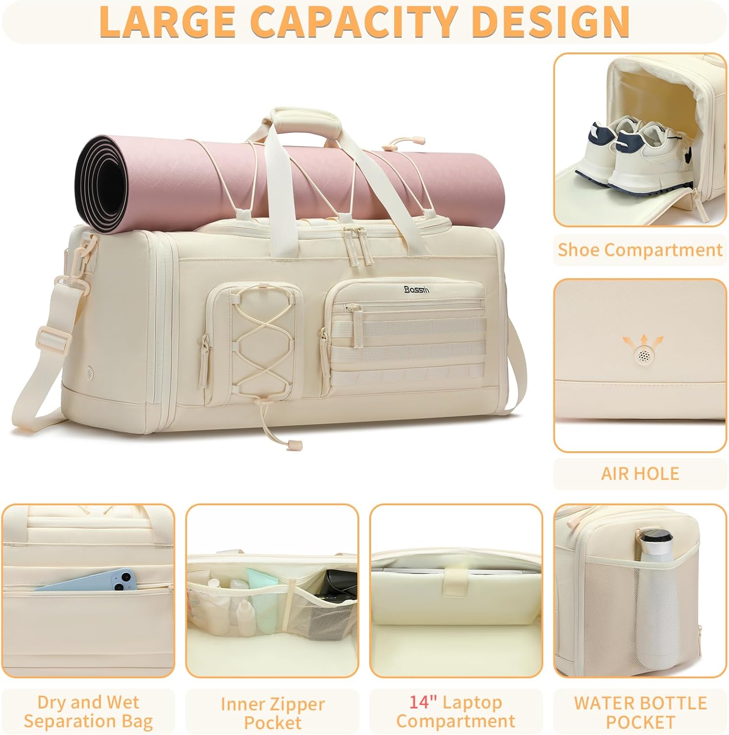 Bosstin Gym Bag for Women & Men, 45L Travel Duffle Sports Duffel Bag Gym Weekender Overnight Backpack with Shoe Compartment (4Beige) - Image 3