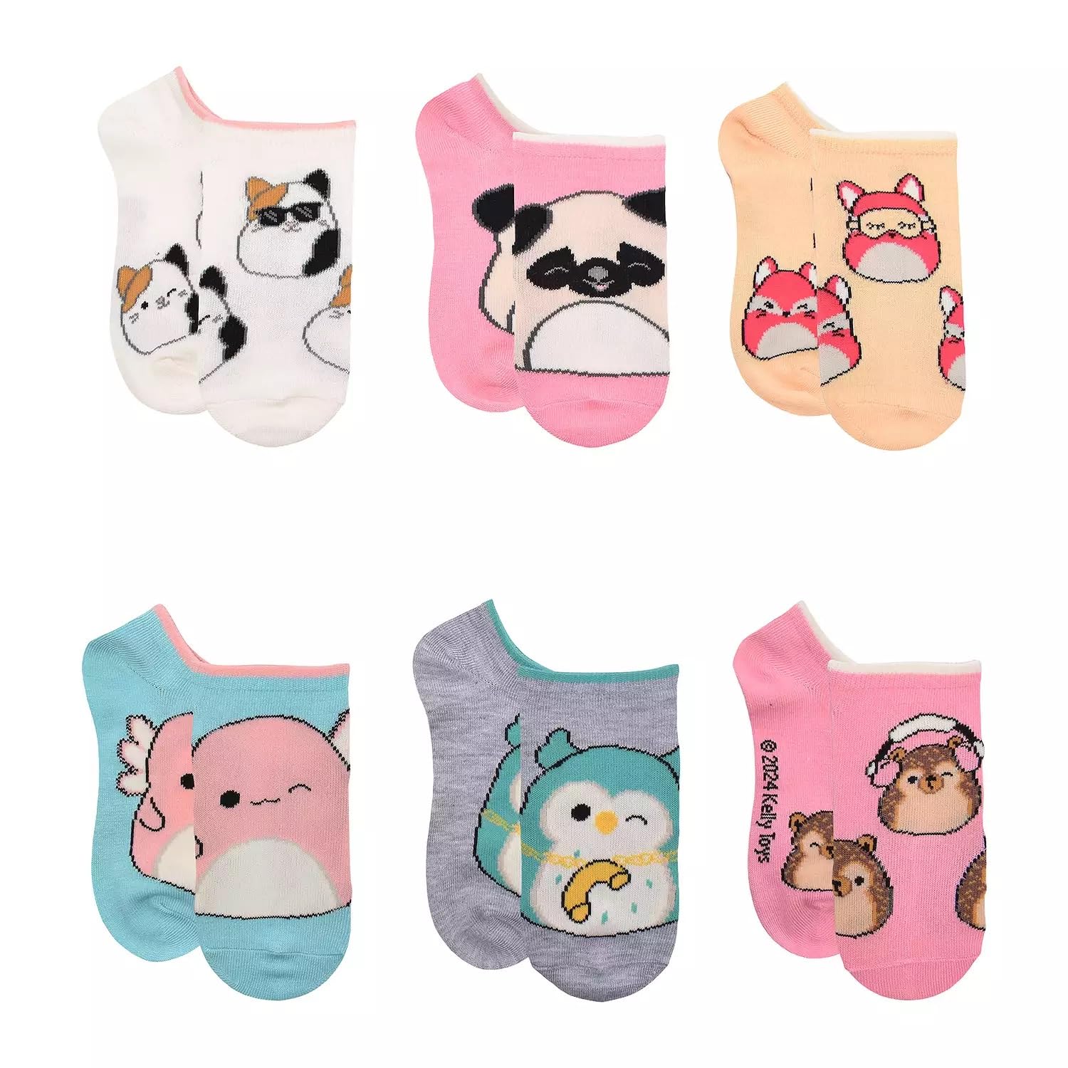 Squishmallows 6 Pair Pack Stuffed Animal No Show Socks for Girls, Cam, Fifi, Winston, Archie, Prince and Hans, Medium, Multi, Medium, Multi, M