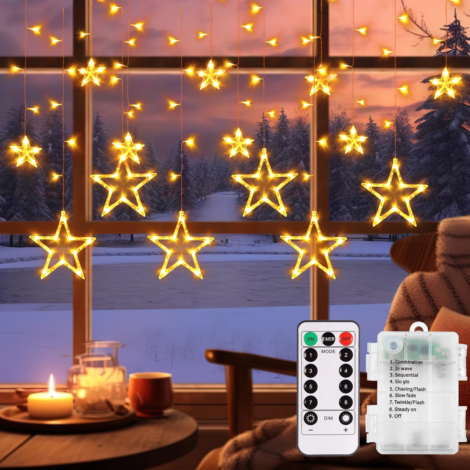 echosari Battery Christmas Window Decoration 12 Stars Curtain Lights Remote Timer