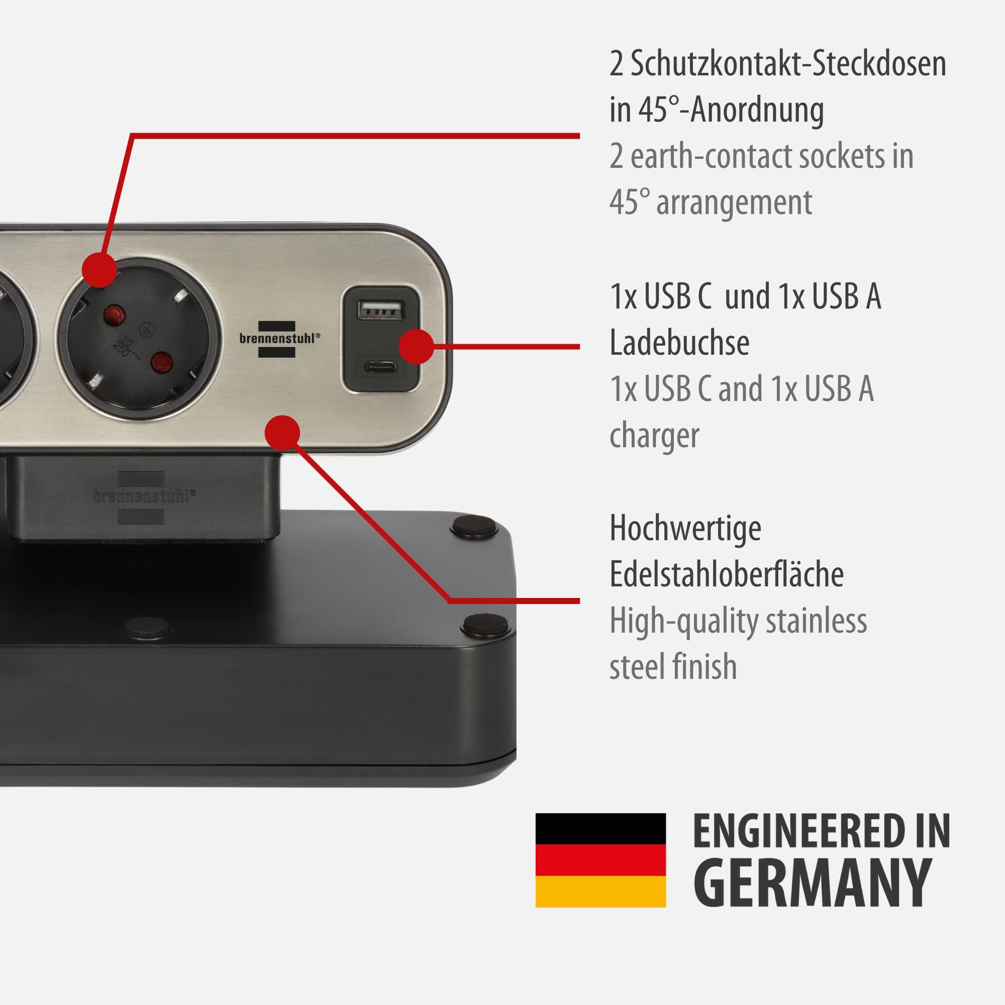 Brennenstuhl estilo Duplex Tischsteckdosenleiste 2m, mit Überspannungsschutz,1x USB C, 1x USB A, 9x