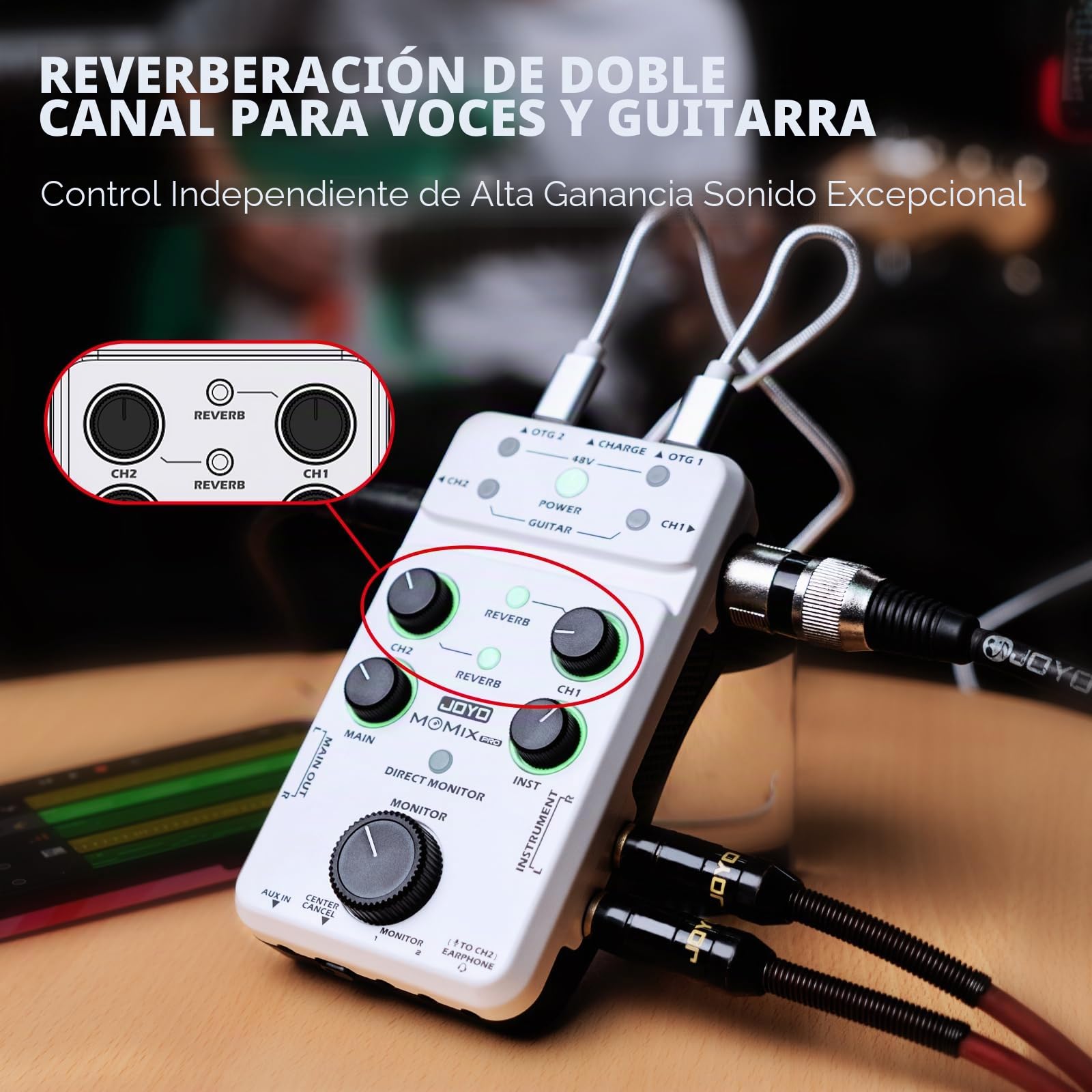 JOYO Mezclador de audio, interfaz de audio USB, estéreo, XLR + alimentación fantasma de 48 V, mezclador para transmisión en vivo, grabación, podcasting, plug & play (MOMI