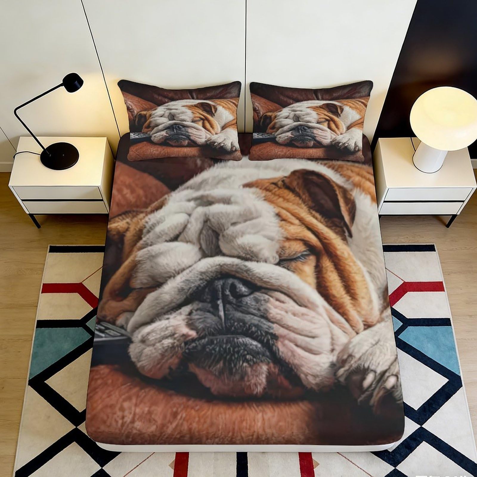 3D Printed Sleeping Bulldog Fitted Sheet Microfiber Soft Durable Relaxed Dog Bed Cover for Bedroom Dormitory Guest Room Mattress Protection 120x200x25cm