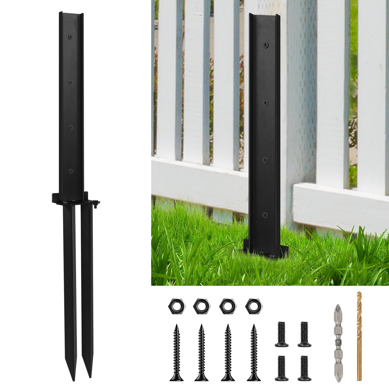 Durable Fence Post Anchor Kit - Heavy Duty Steel Design for Easy Installation and Repair of Tilted or Broken Wooden Posts - Black Ground Spike (1 Pcs)
