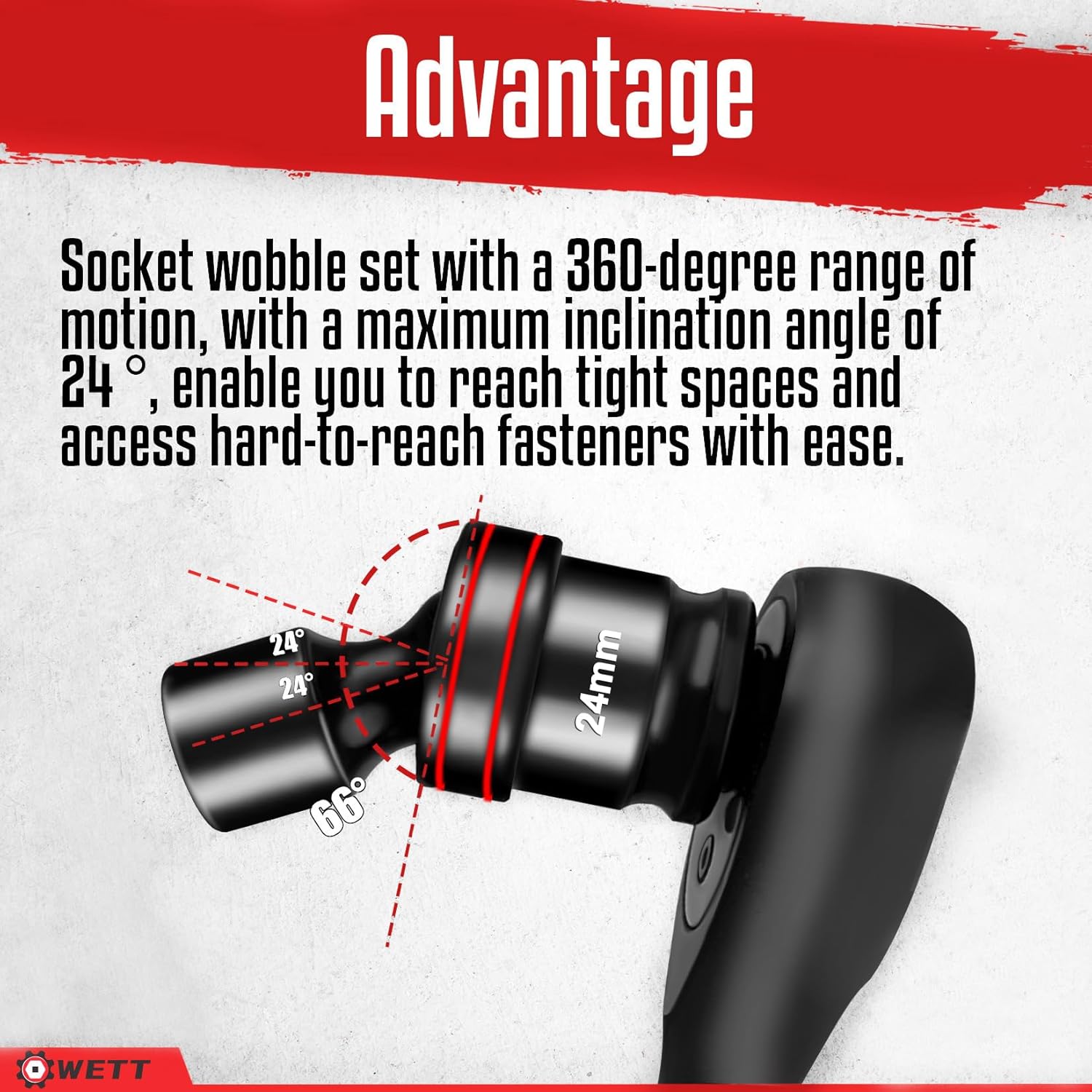 WETT 18-Piece 1/2" Drive Shallow Impact Universal Joint Socket Set, Metric Swivel Socket Set (10-24mm), Flexible Wobble Sockets with 3", 6" Extension Bar, Adapter, 6 Point