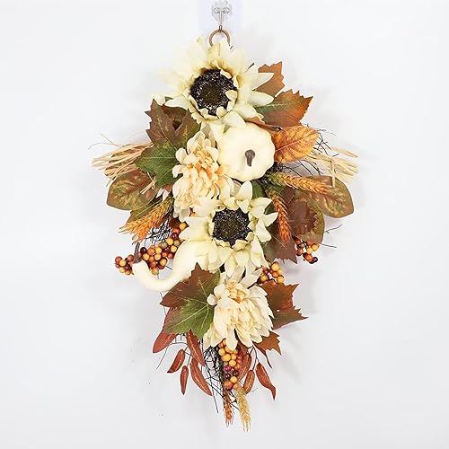 Miniatura 4 de Corona de otoño con diseño de lágrima de Acción de Gracias, hojas de arce, corona de flores artificiales para decoración de festivales de otoño de