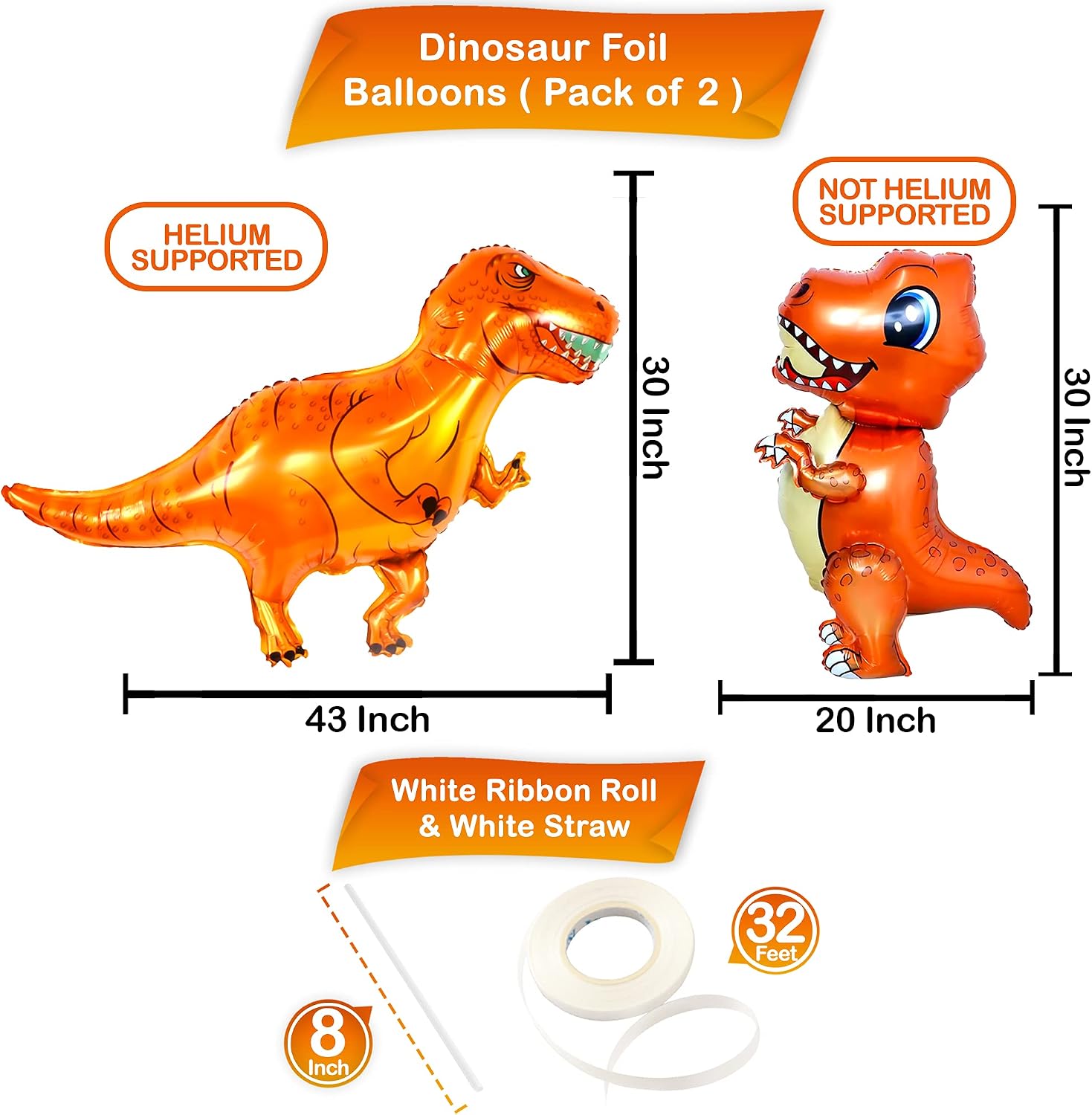 Giant, Orange Dinosaur Balloon Foil - 43 Inch, Dinosaur Balloons for Birthday Party | Dino Balloons for Dinosaur Party Decorations | Dinosaur Baby Shower Decorations | Dinosaur Birthday Party Supplies