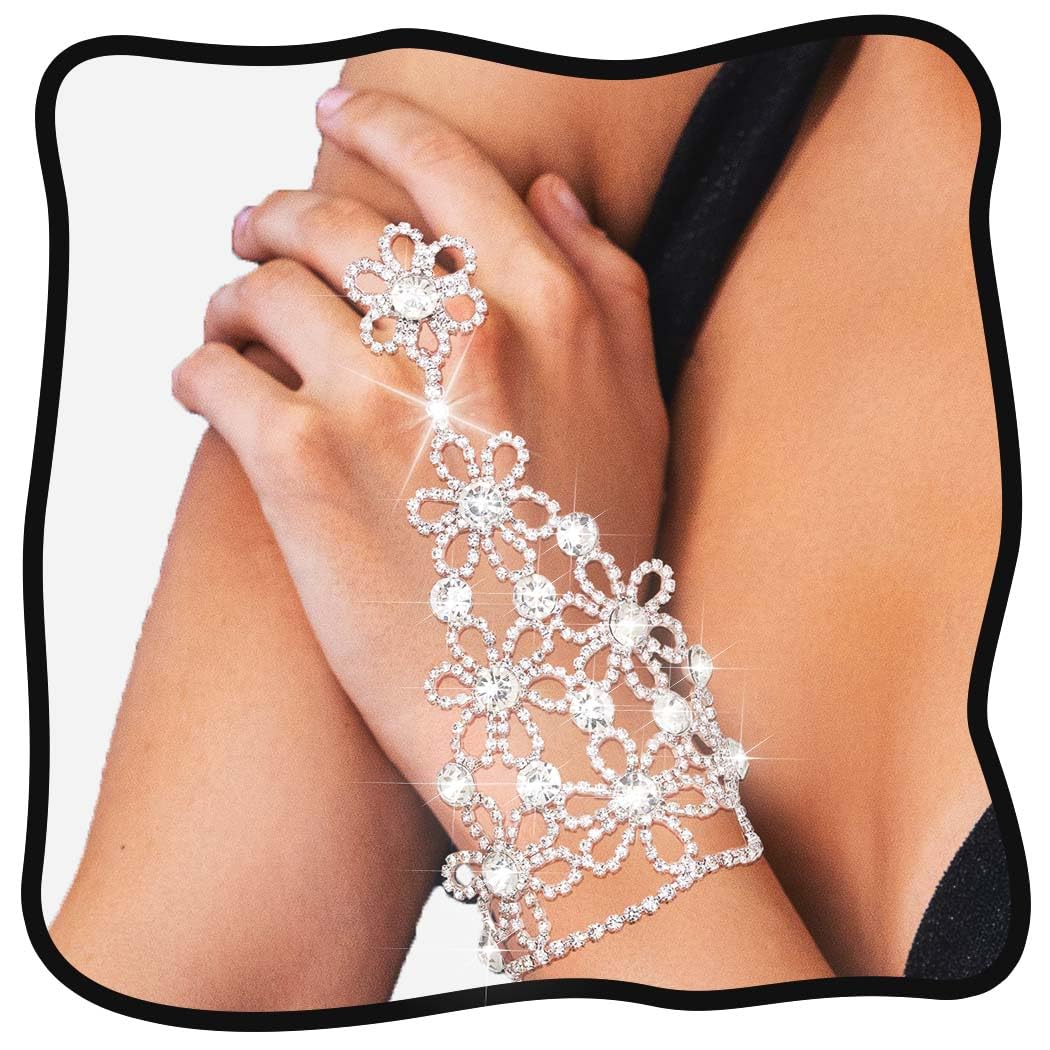 Urieo Flower Silver Hand Chain, Rhinestone Ring Bracelet Hand Jewelry for Women