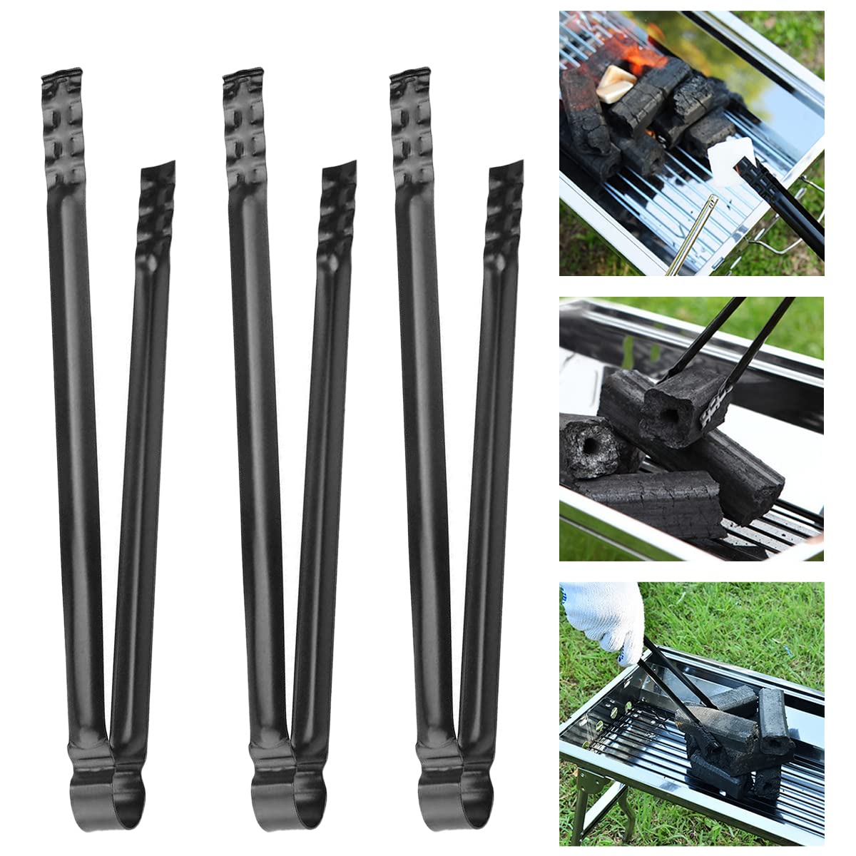Pince à Charbon,Forreen 3 Pièces Pince Barbecue Longue Métal Professionnel Multifonctionnelles Pinces à Briquettes avec Poignée Anti-Brûlure pour Barbecue Plein Air Cheminée,Noir