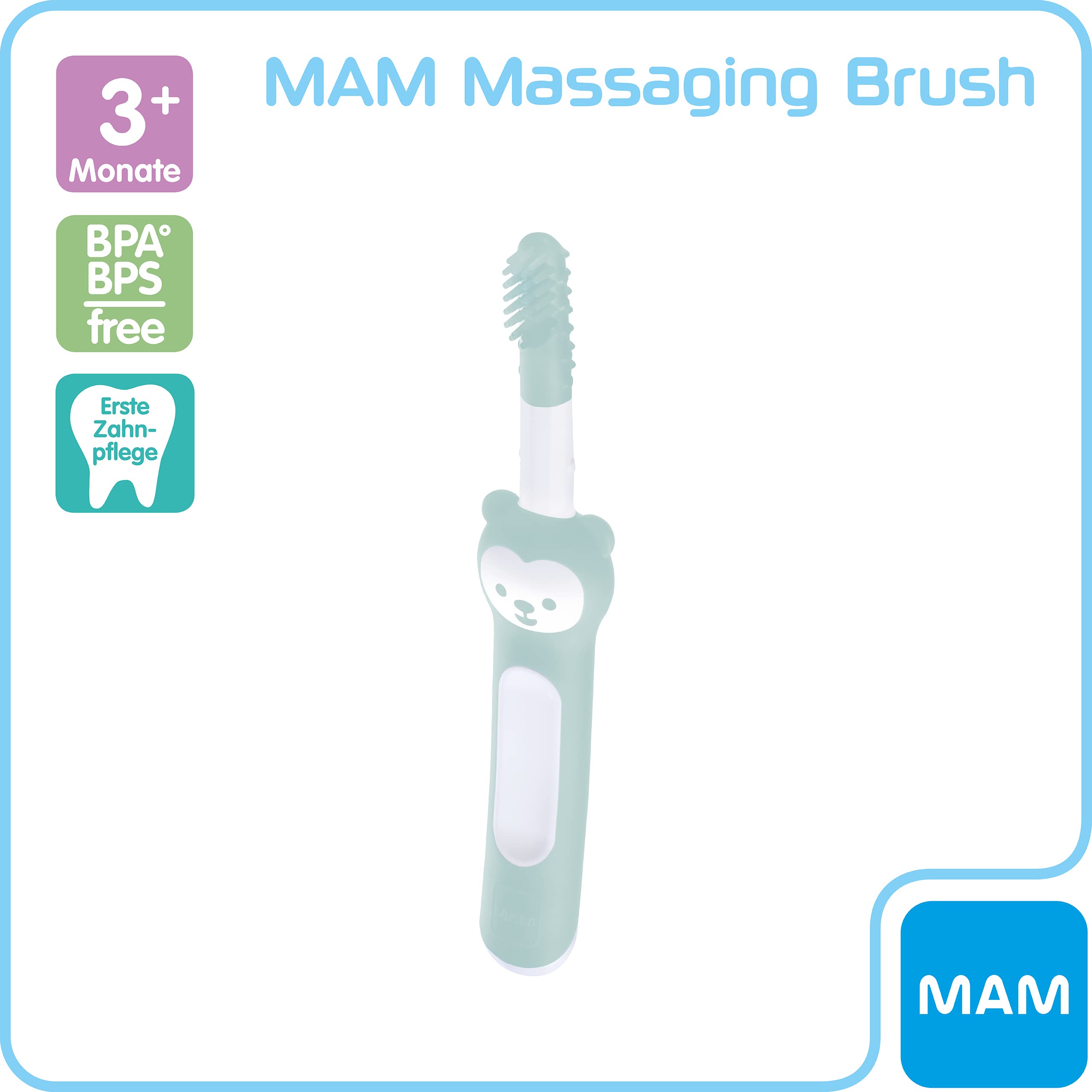 MAM Spazzola massaggiante con setole morbide in silicone, adatta ai bambini alla pulizia quotidiana dei denti, spazzolino da denti per alleviare il mal di denti, dai 3 mesi in su, turchese