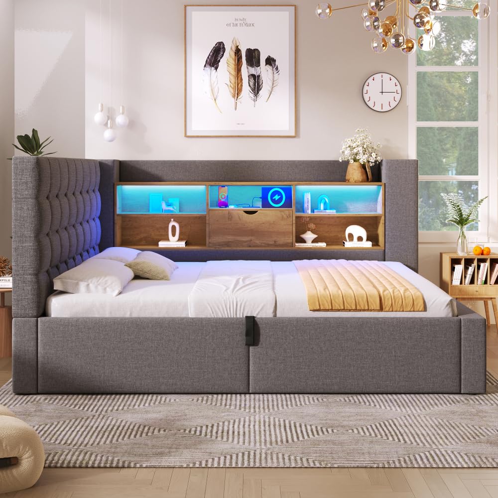 Cama tapizada de 140 x 200 cm con iluminación LED, canapé, estructura de cama, tela de lino, gris (colchón no incluido).