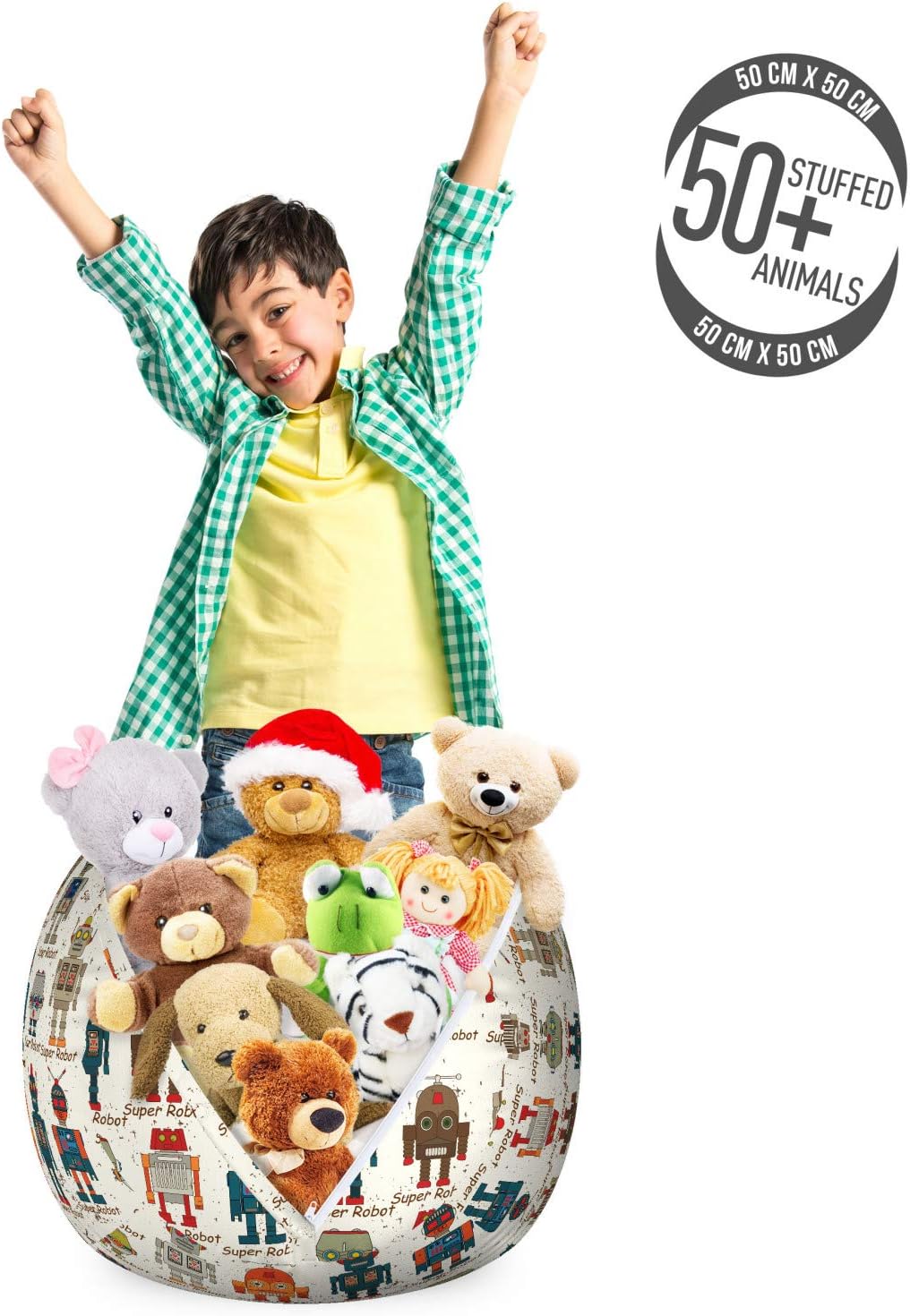 Ambesonne Robot Storage Toy Bag Chair, Various Different Super Robot Set in Cartoon Style Fantasy Futuristic Machine, Stuffed Animal Organizer Washable Bag, Small Size, Dim Cream