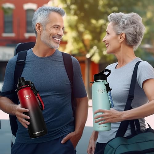 Miniatura 2 de NATURE PIONEOR Botellas de agua aisladas con mango de paracord - Botella de agua deportiva al vacío de 40 onzas de boca ancha con 3 tapas, acero
