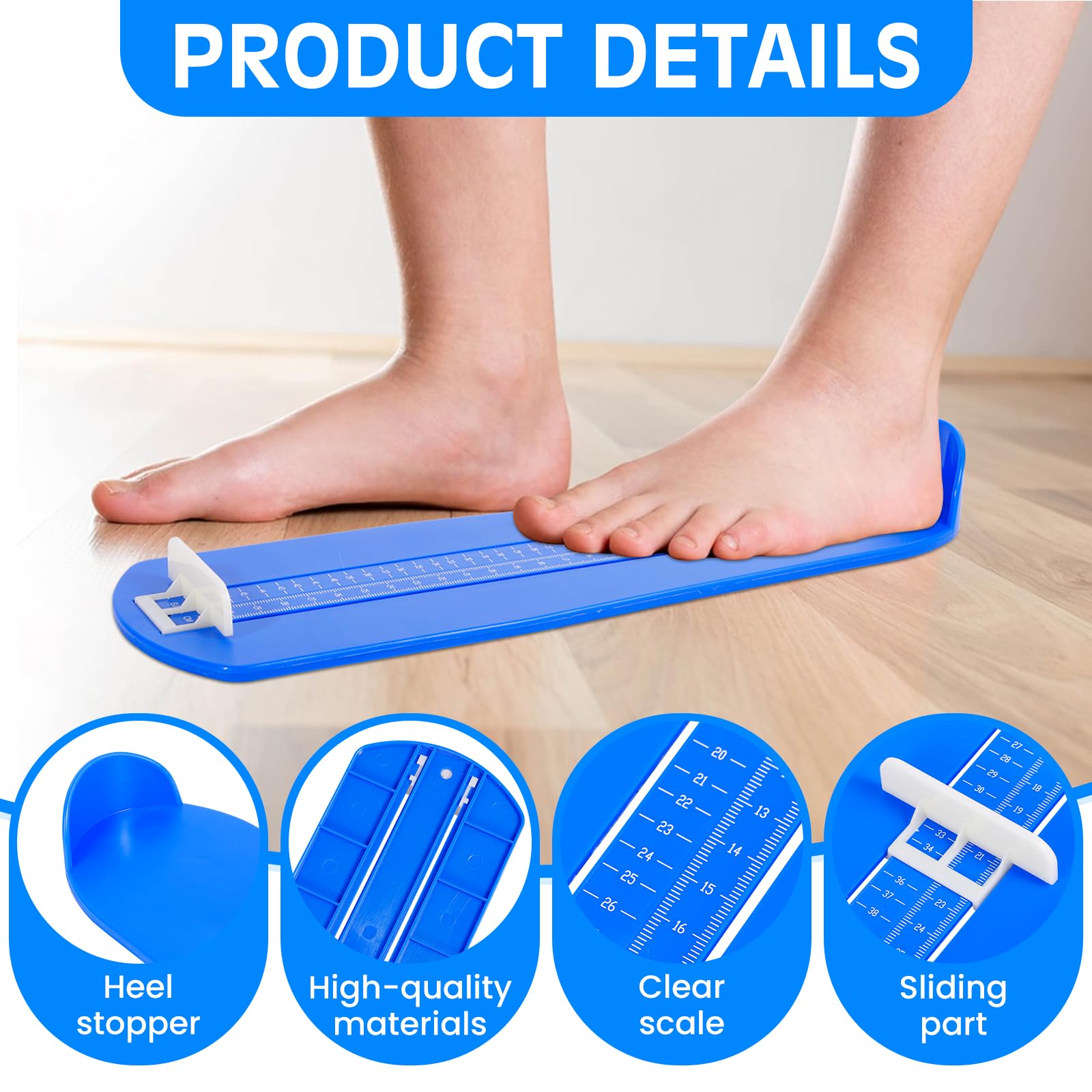 Zorplex Pédimètre Enfants et Adultes, Jauge de Pied pour Mesurer la Pointure Chaussure de 15 à 48, Règle de Mesure Précise pour Déterminer la Taille (Bleu)