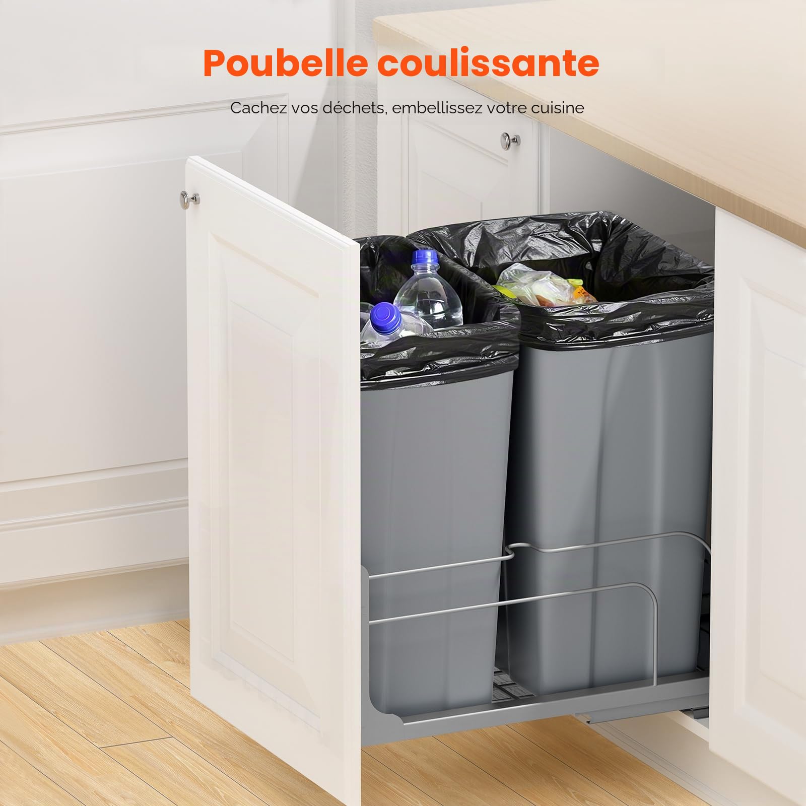 VEVOR Poubelle Coulissante sous Évier et sous Plan 2x43,4 L, Collecteur de Déchets avec Système Coulissant en Métal à Fermeture Douce, Système de Tri Sélectif Placard Meuble Bas, Cuisine, Gris