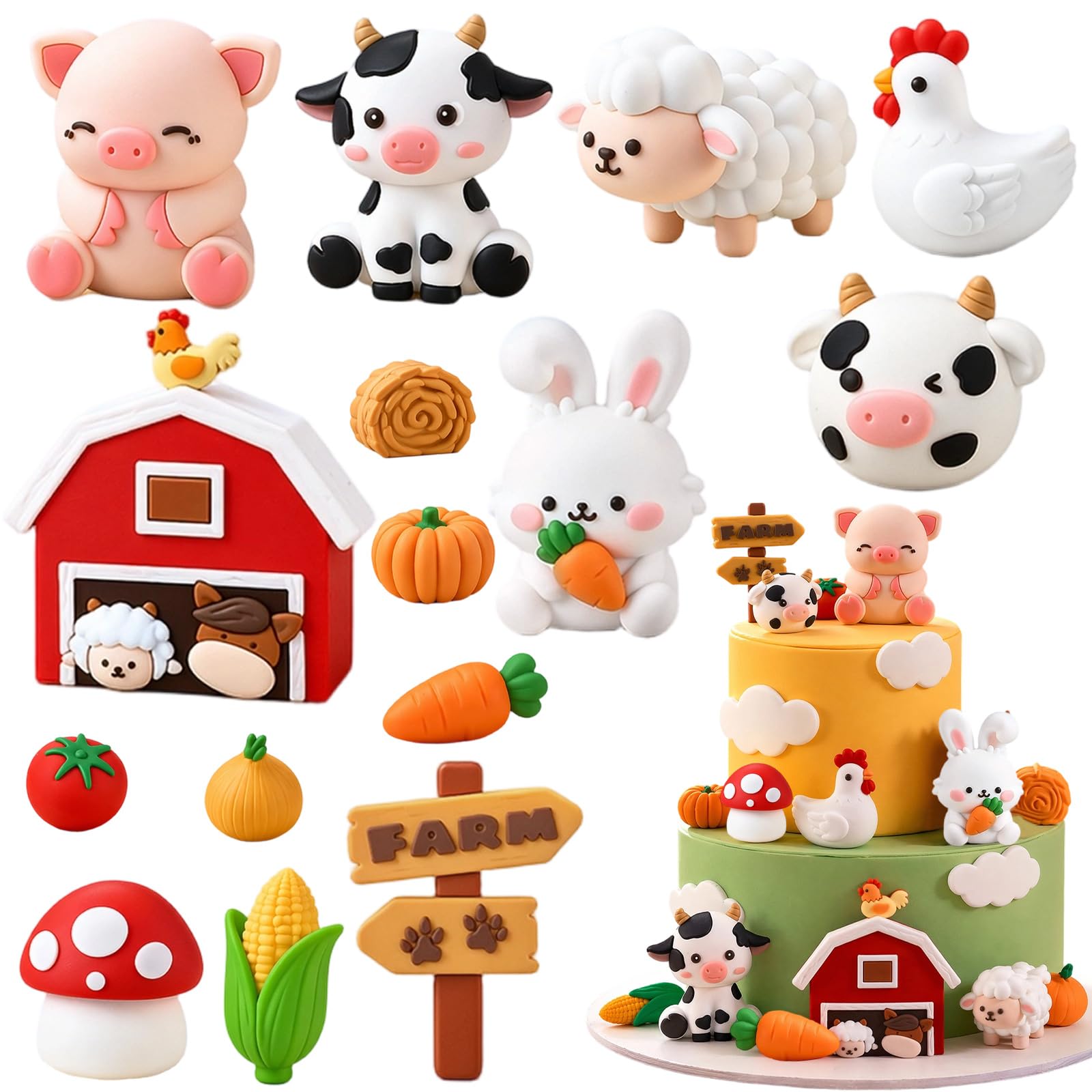 15Pcs Farm Animal Cake Decorations - Farm Cake Toppers Set (DELUXE)