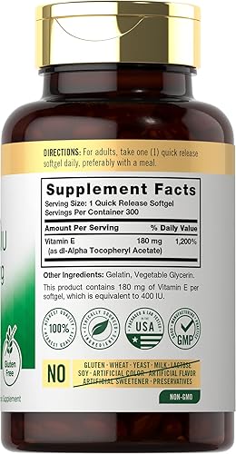 Miniatura 2 de Carlyle Cápsulas de cápsulas blandas de vitamina E de 400 UI | 180 mg | 300 unidades | Fórmula sin OMG y sin gluten