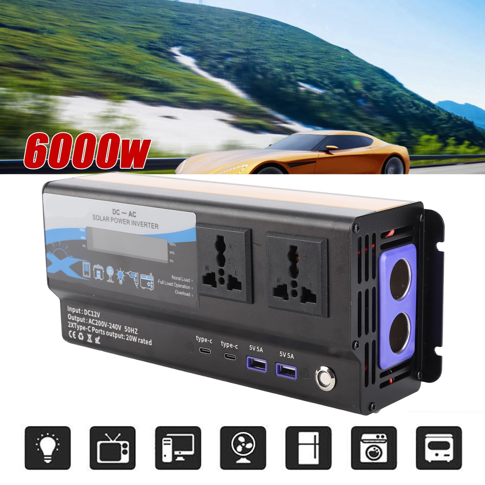Przetwornica samochodowa o mocy szczytowej 6000 W ze światłem LED Modyfikacja o wysokiej wydajności Ładowanie falą sinusoidalną 2 porty USB 2 typu C do wycieczek kempingowych (Odp. (12 V))