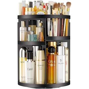 Makeup Organizer 360 rotating, Adjustable Skincare Organizers with Brush Holder, Cosmetics Display Cases for Vanity Bathroom Countertop Large Capacity Carousel Make up Caddy Shelf Black