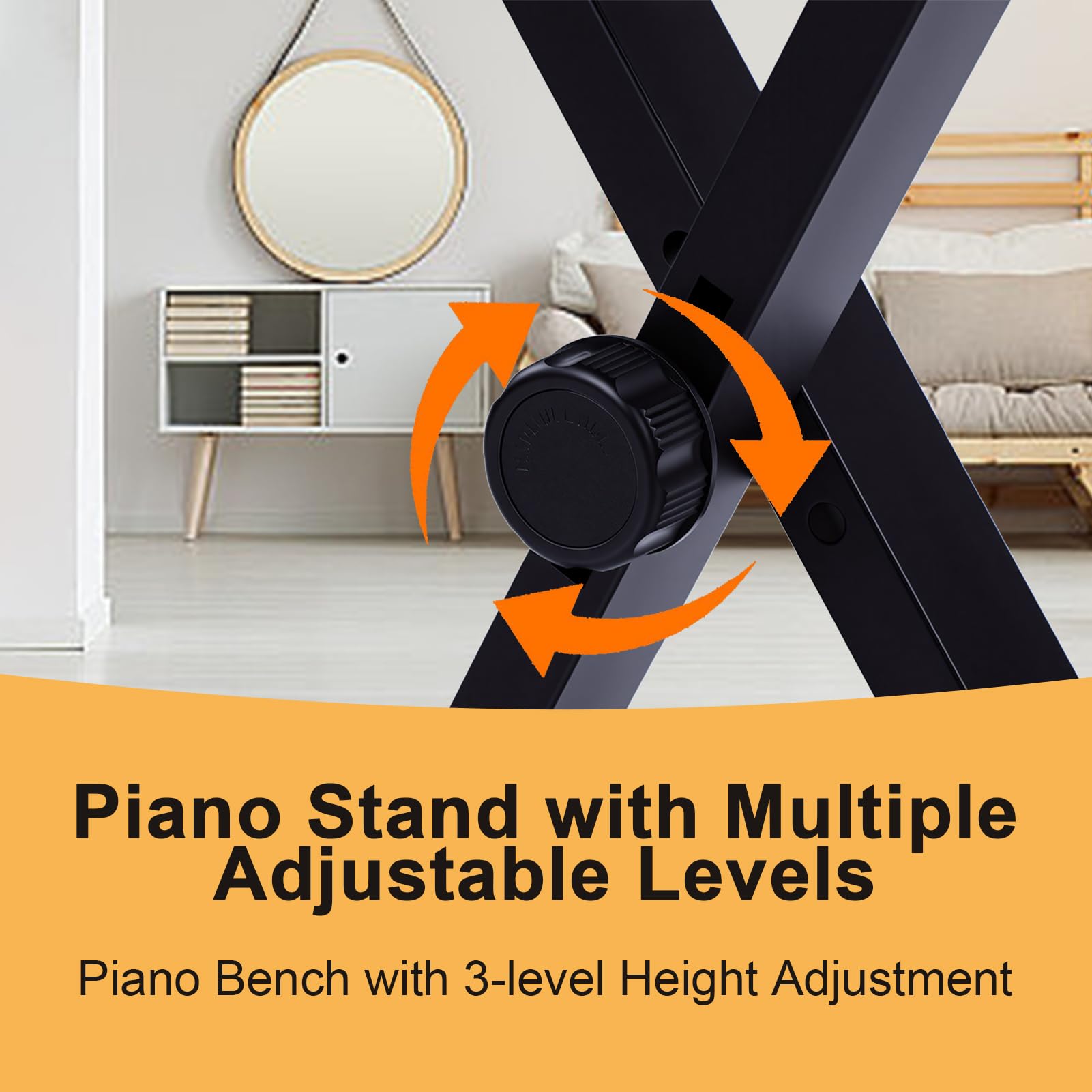 Btuty Soporte para Teclado Electrónico con Banco, Tubo Doble de Metal, Marco en X, Altura Ajustable de 24 a 99 Cm, Bloqueo Engranaje Antideslizante para Pianos Digitales 61