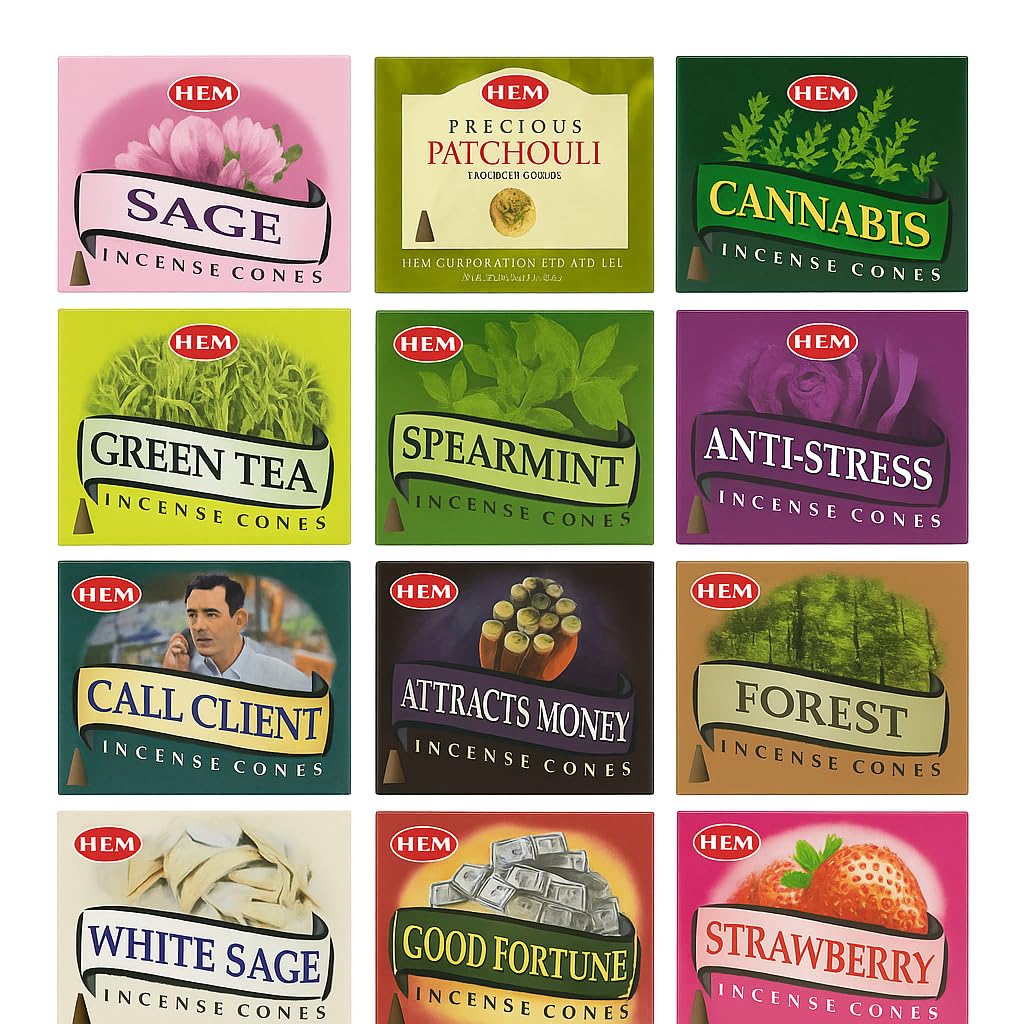 HEM Incense Cones Assorted – 12 Packs (120 Cones Total) with JRose Trolley Coin – Aromatherapy Cone for Meditation, Relaxation, Yoga, Home & Office Fragrance